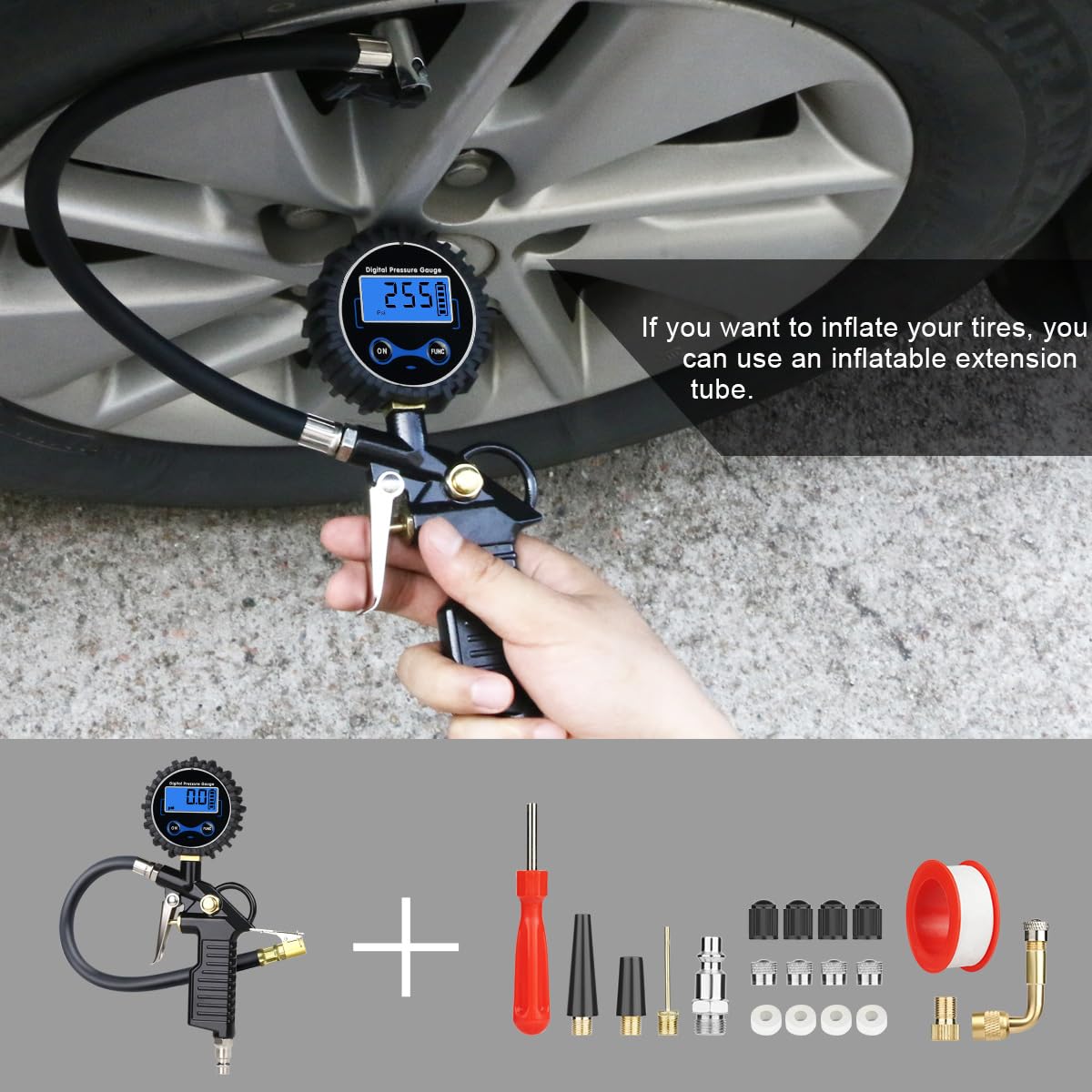 URAQT 3 in 1 Manometro Pressione 220PSI Manometro Digitale Professionale, Manometro per Pneumatici con Display LCD e 20 Accessori, Manometri per Pneumatici per Auto Moto Camion e Biciprofessionale