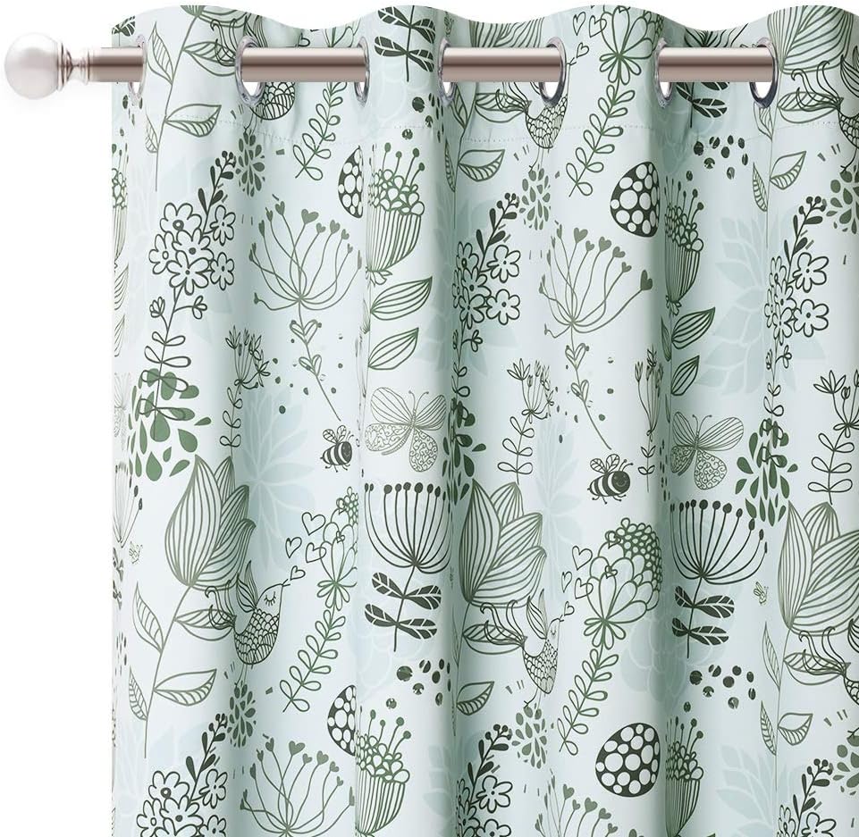 KGORGE Flower Curtains, Floral Printed Curtains Blackout, Thermal Insulation Window Decor for Patio Door/Townhouse, Colorful Curtain Panels Grommet Top, W 52 x L95, Laurel Green, 2 Pcs