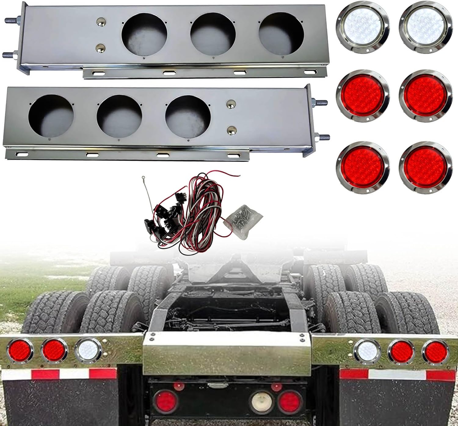 Universal 30" Stainless Steel Spring-Loaded Mud Flap Hanger Light with 24 LED Light for Semi Trucks, 2-1/2" Bolt Spacing Rear Tail Light Bar Box with 4" Light Cutouts (4x Red + 2x White)