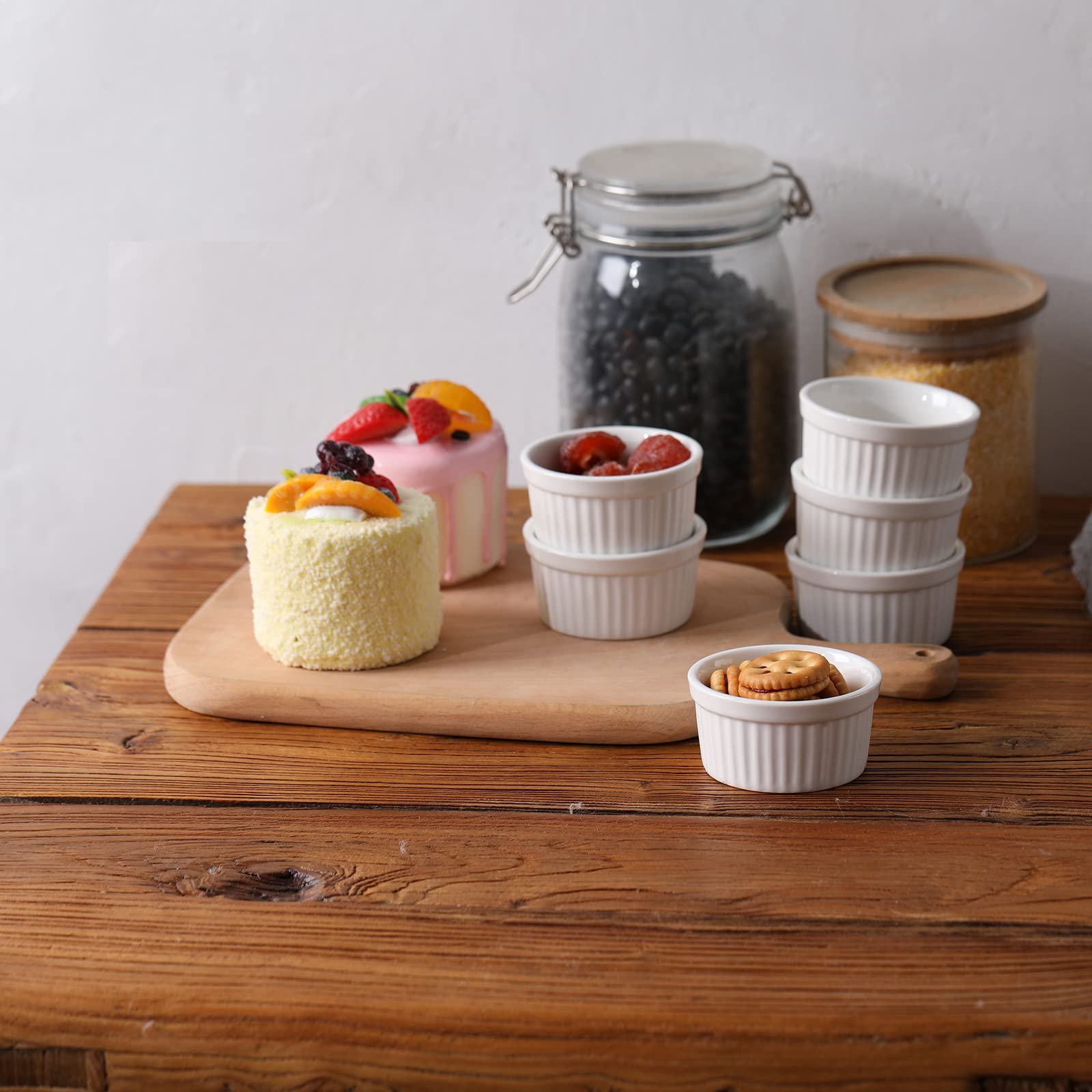 Lot de 6 ramequins en porcelaine pour souffle, crème brûlée, pudding, crème grise, moules de cuisson, passent au four, blanc (7,6 cm)