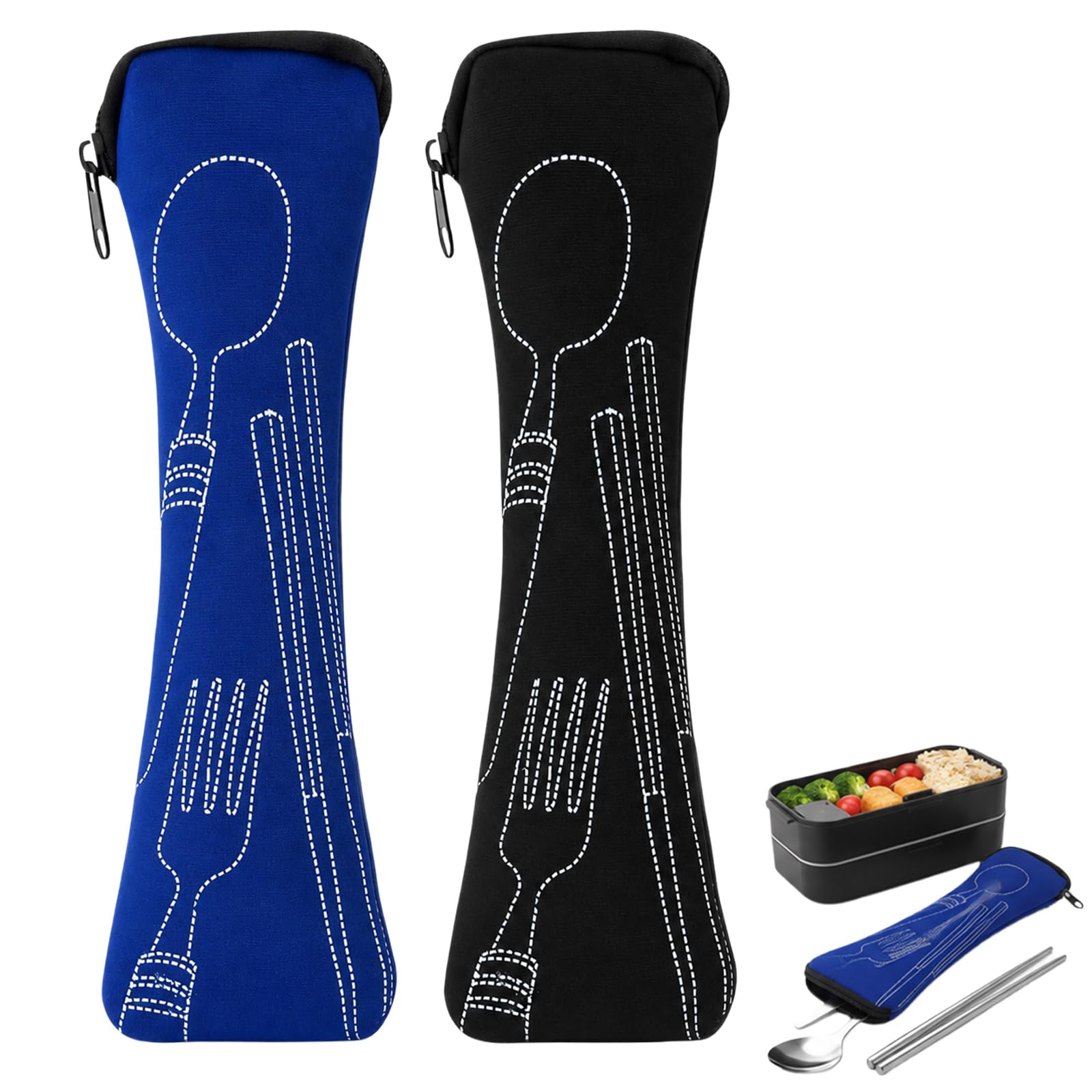 2 Piece Travel Cutlery Bag Set, Neoprene Cutlery Pouch for Camping Work School Picnic, Empty Utensil Case for Knife Fork Spoon Chopsticks, Reusable Zipper Storage Bag Black Blue