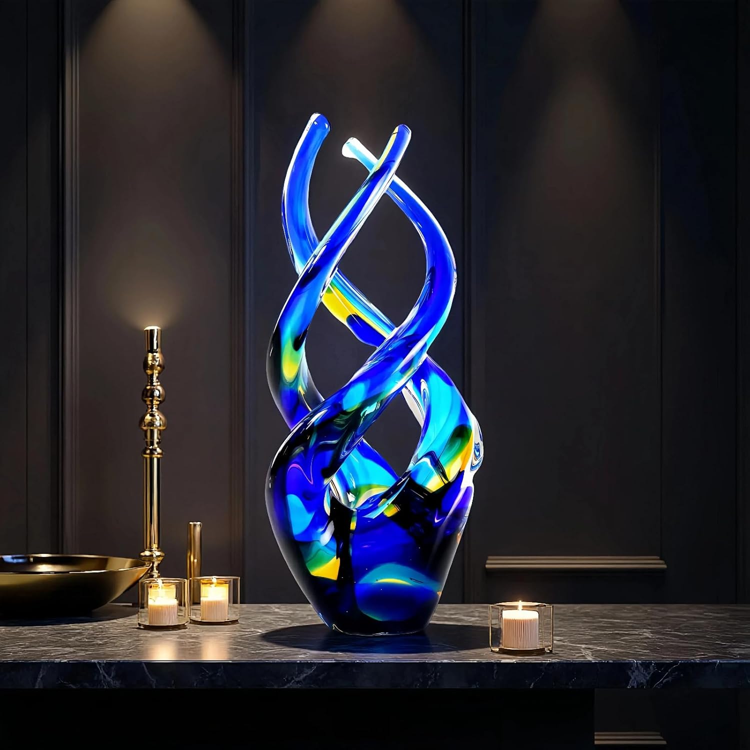 Blown Cobalt Blue Art Glass Sculpture | Glass Figurine Decor for Home, Office & Garden| All-Weather Spiral Design Modern Abstract Ornament Easter Gift