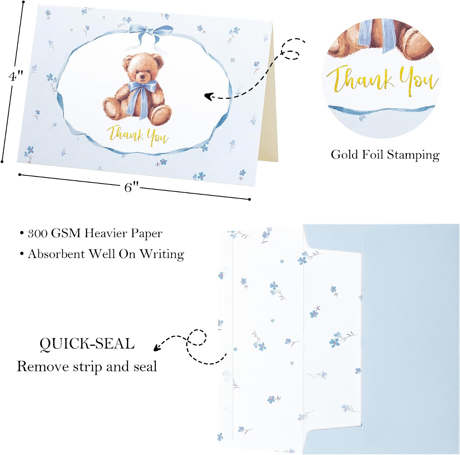 Crisky Blue Baby Shower Thank You Cards with Envelopes & Stickers (50 Pack) Boy Baby Shower Greeting Cards Bulk, Watercolor Delicate Cute Bear for Baby Shower Party