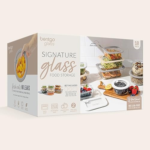 Miniatura 7 de Bentgo Signature - Almacenamiento de alimentos de vidrio a prueba de fugas, juego de 18 piezas, recipientes sin plástico con 1 compartimento con