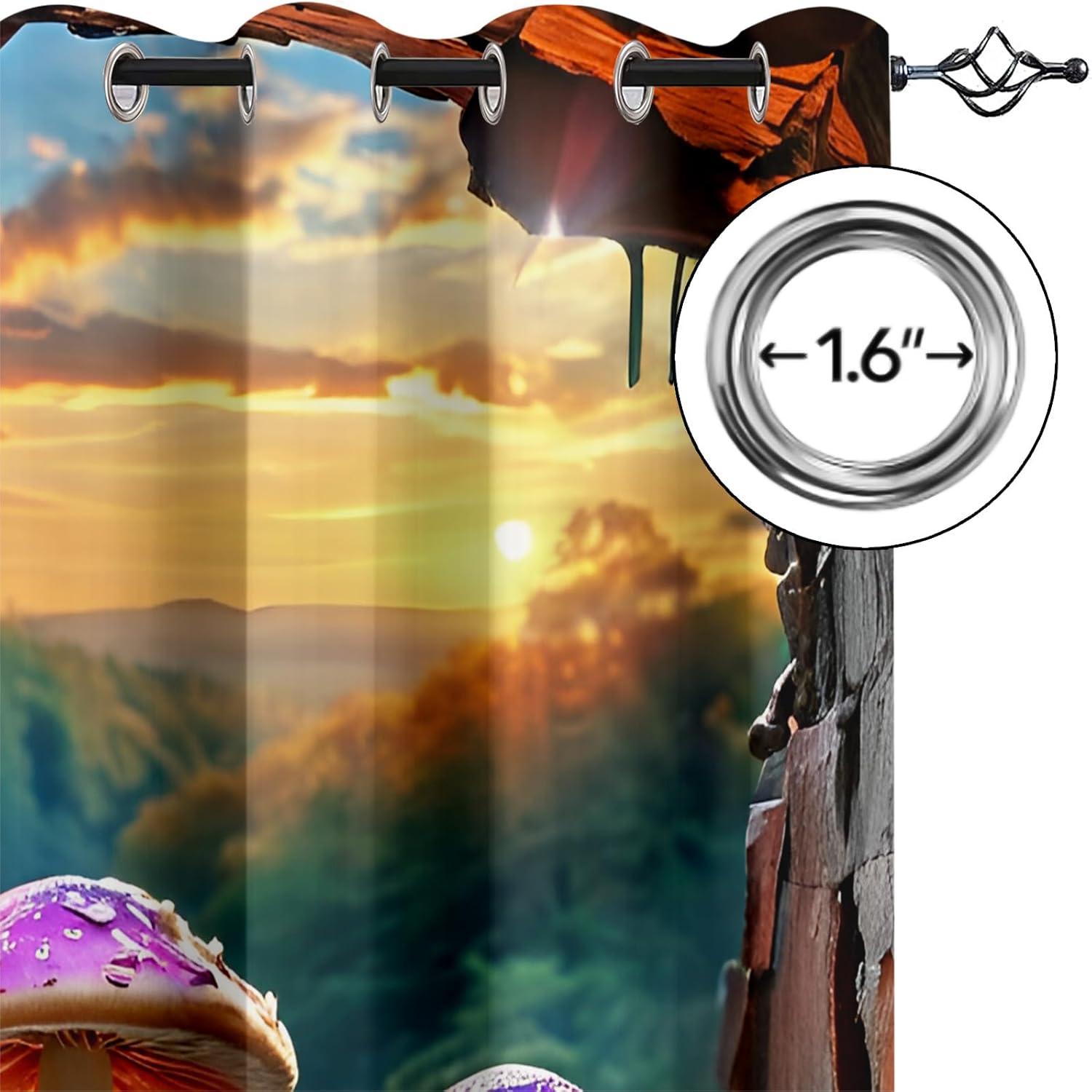 Mushroom Landscape Blackout Window Curtain, Colourful Mushrooms 3D Printed Drapes, Darkening Thermal Insulated Drapes for Bedroom Living Room Set of 2 Curtain Panels 27" W x 39" L x2
