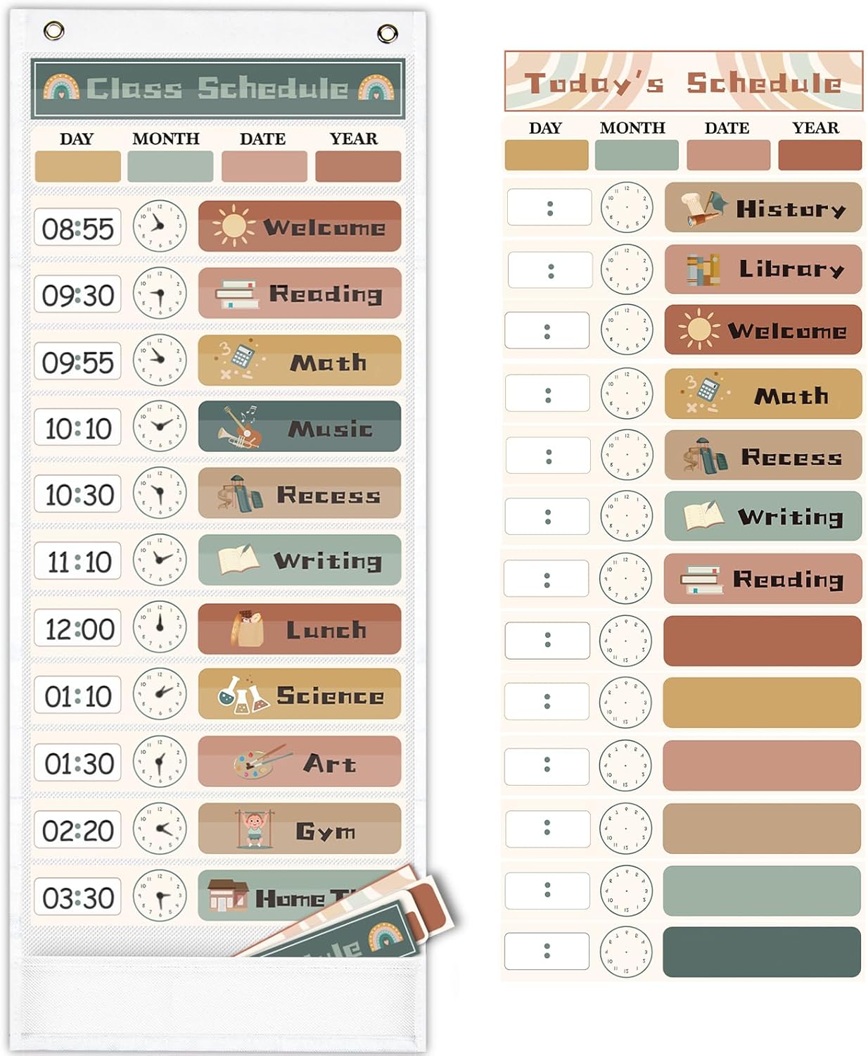 Daily Schedule Pocket Chart for Kids Management, 13+1 Pockets with 30 Cards Visual Time Reusable Dry-Eraser Schedule, Teacher Supplies for Boho Classroom Homeschool Decor
