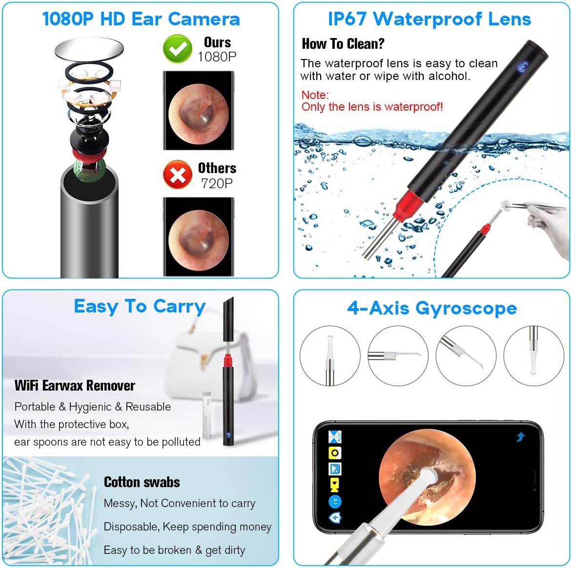 JOYGIFT Ear Wax Remover,Wireless Otoscope Earwax Removal Tool 1080P HD WiFi Ear Endoscope with LED Light,3.5mm Visual Ear Scope Camera Safe Ear Pick Ear Cleaning Endocsope Kit for Adults Kids & Pets : Health & Household