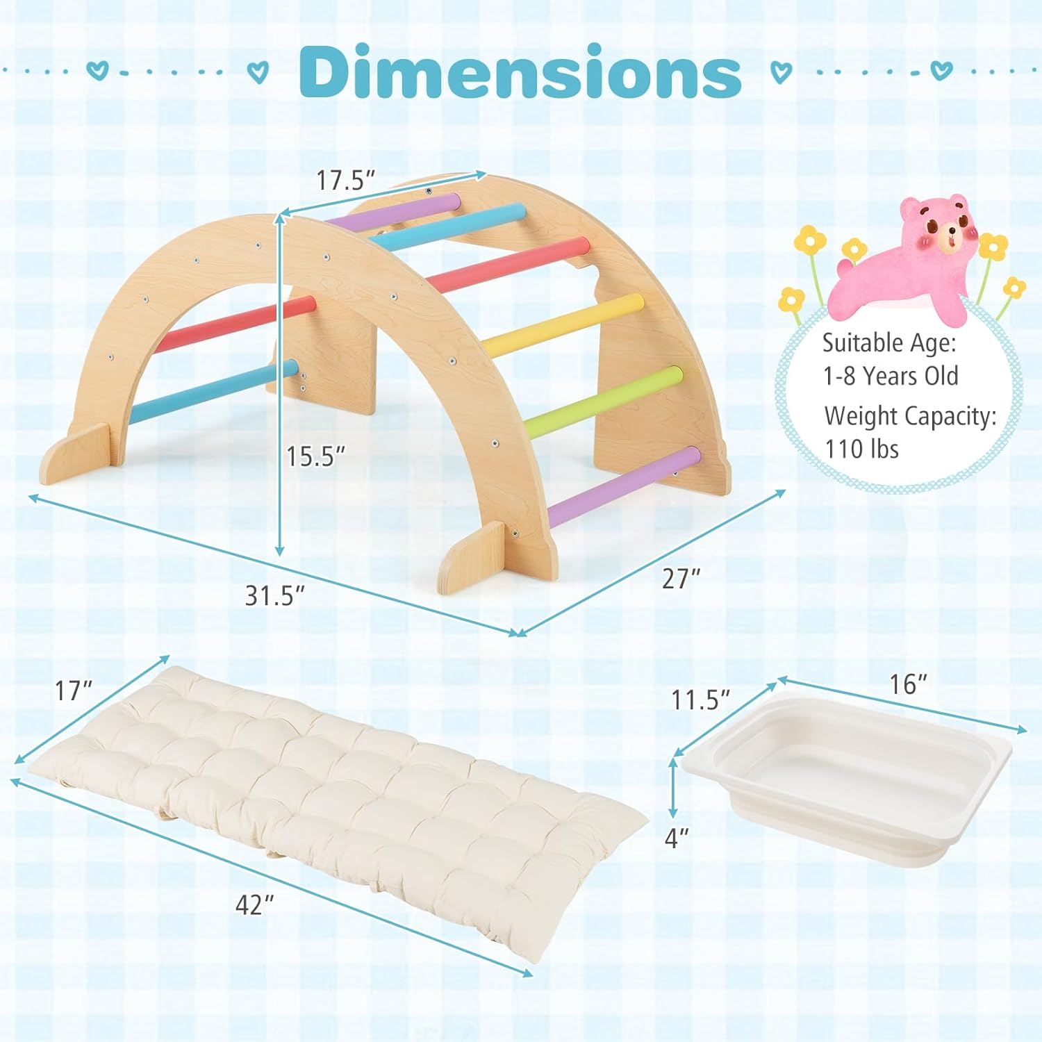 Costzon Wooden Arch Sensory Table for Kids, 6-in-1 Toddler Indoor Montessori Climbing Toys with Cushion, Foldable Storage Bin, Arch Climber Ladder Learning Playset for Kids Gift Presents