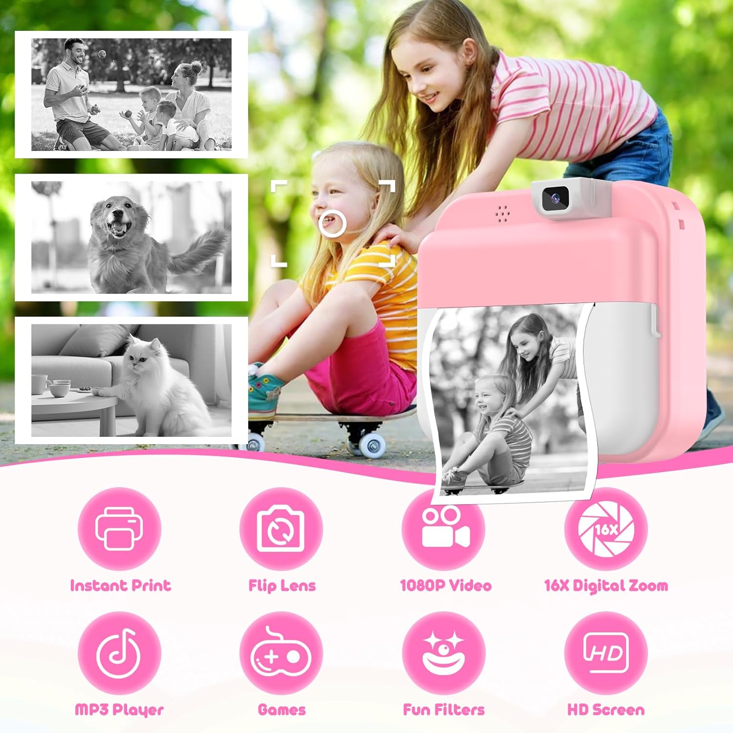Kids Camera Instant Print with Flip Lens, Christmas Birthday Gift for Girls Boys, Digital Camera HD Video Instant Print Photos for Toddlers, Portable Travel Toys for 4 5 6 7 8 9 10 Year Old Pink - Image 2