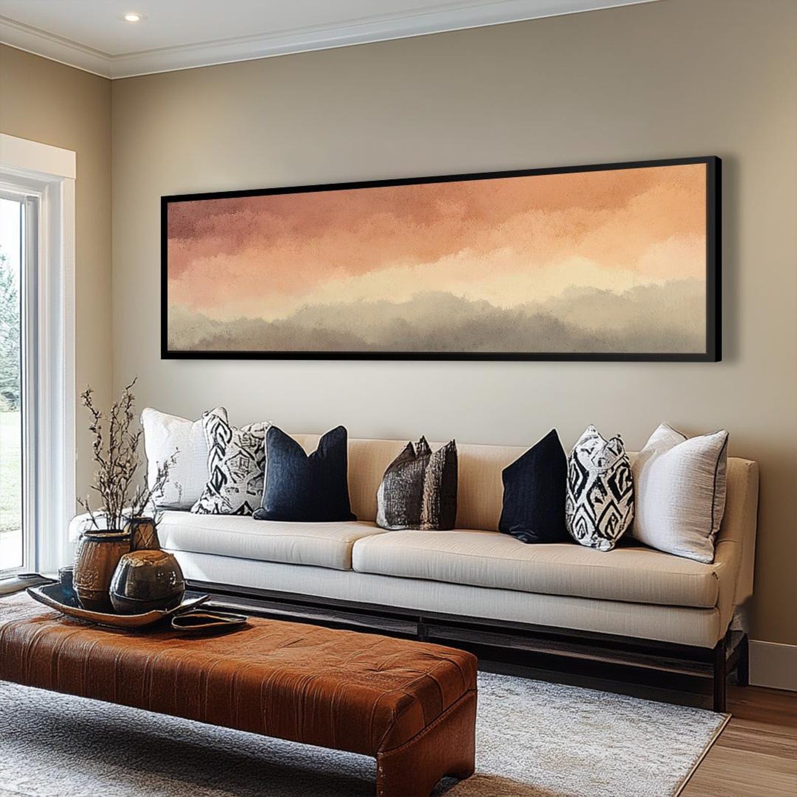Cuadro mural horizontal largo con motivos naturales, lienzo alto y delgado con marco, pintura horizontal estrecha, ideal para el hogar, la oficina o pasillos (55 x 110 cm/sin marco).