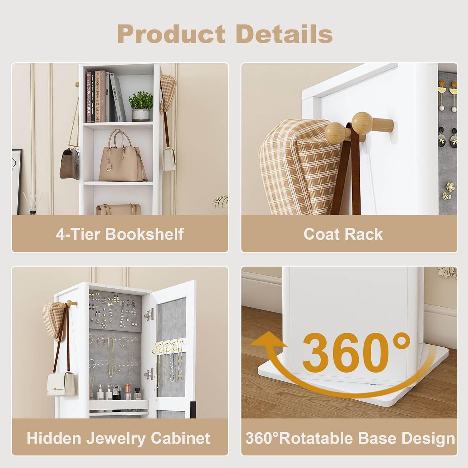 360° Rotating Mirror with Storage, 66" Jewelry Cabinet with a Full-Length Mirror, Standing Storage Cabinet with a Coat Rack, 2 Layers of Built-in Shelves, Back 4 Layers of Open Shelves, White