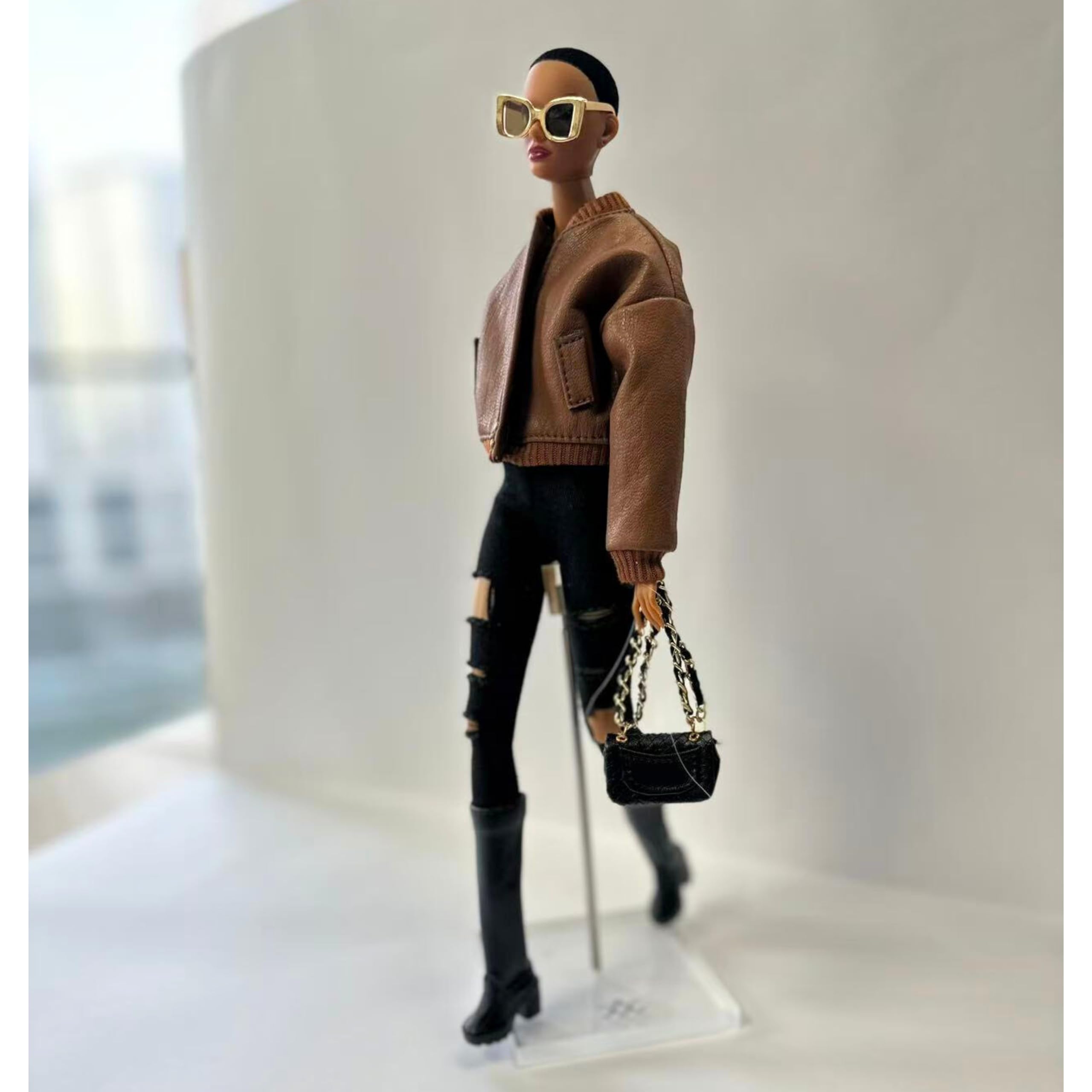 Conjunto de ropa de muñeca de moda, chaqueta de bombardero con botas de combate y bolsa de cadena, para muñecas de 11.5 a 12 pulgadas, BJD 1/6 (chaqueta bomber marrón)