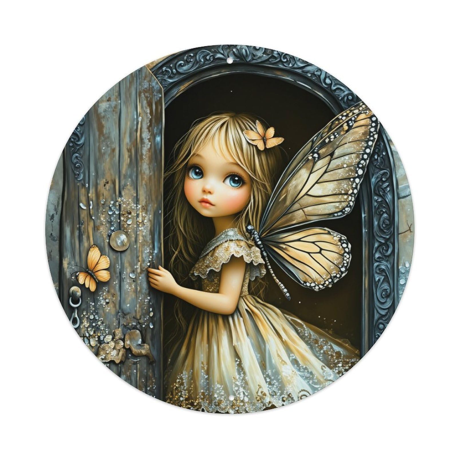Fairy Door Butterfly Wings Dress Round Tin Sign Vintage Metal Poster, Home Bar Garage Man Cave Cafe Indoor & Outdoor Wall Decoration 8x8Inches