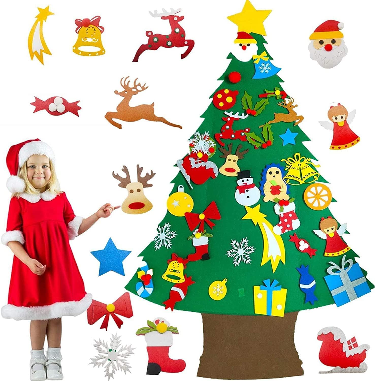 4 Ft Felt Christmas Tree,34 Pcs Felt Snowman Party Game Favors Detachable Snowflake Ornaments Christmas Tree Wall Hanging Decorations Holiday Party Game Toy Gift