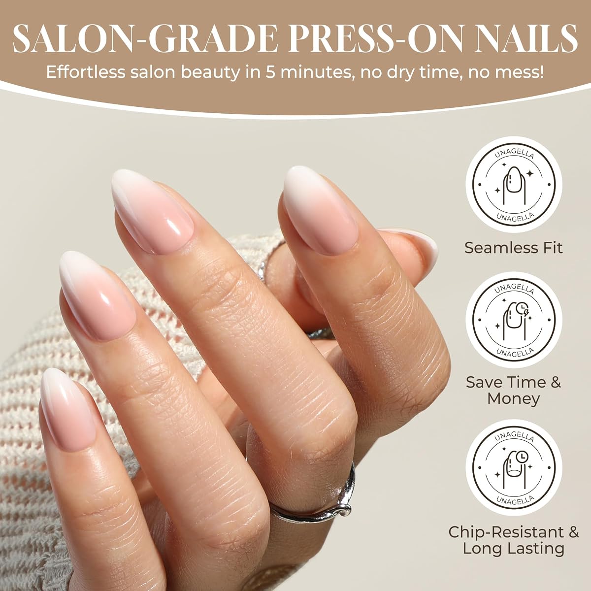 UNA GELLA Press On Nails Short Almond: Kit de prensas de gel suave Ombre con puntas de uñas, pegamento en las uñas, 16 tamaños - 32 uñas postizas reutilizables, crema rosa
