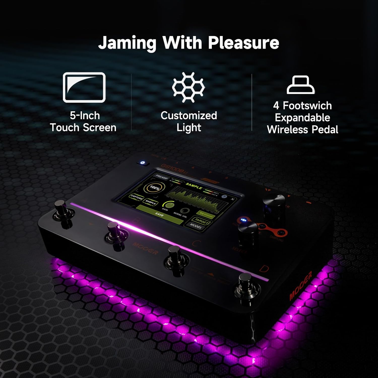 MOOER GS1000 Li with glowing purple lights and touch screen interface