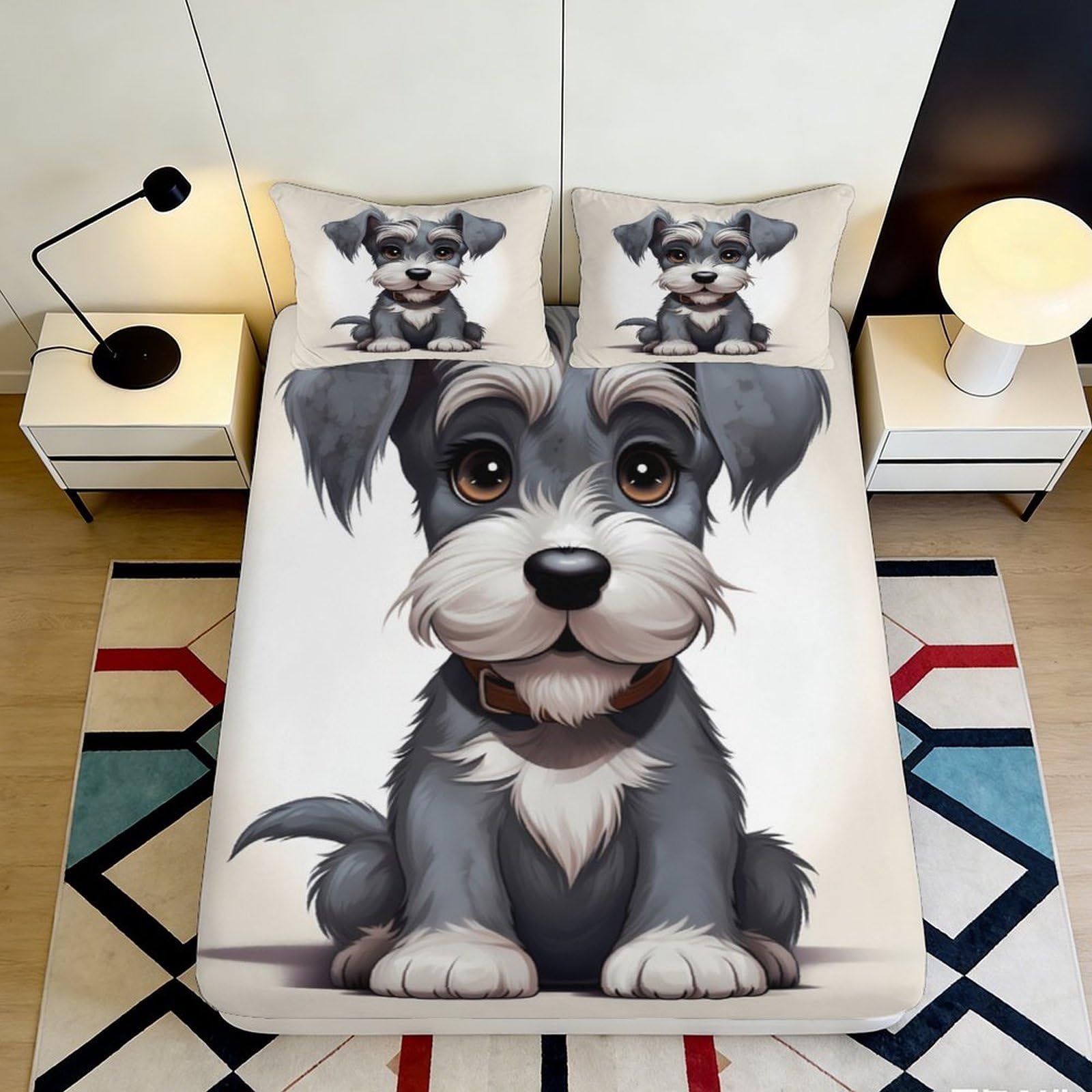 3D Printed Schnauzer Dog Fitted Sheet Microfiber Soft Breathable Cartoon Puppy Bed Cover for Bedroom Guest Room Decor 90x200x25cm