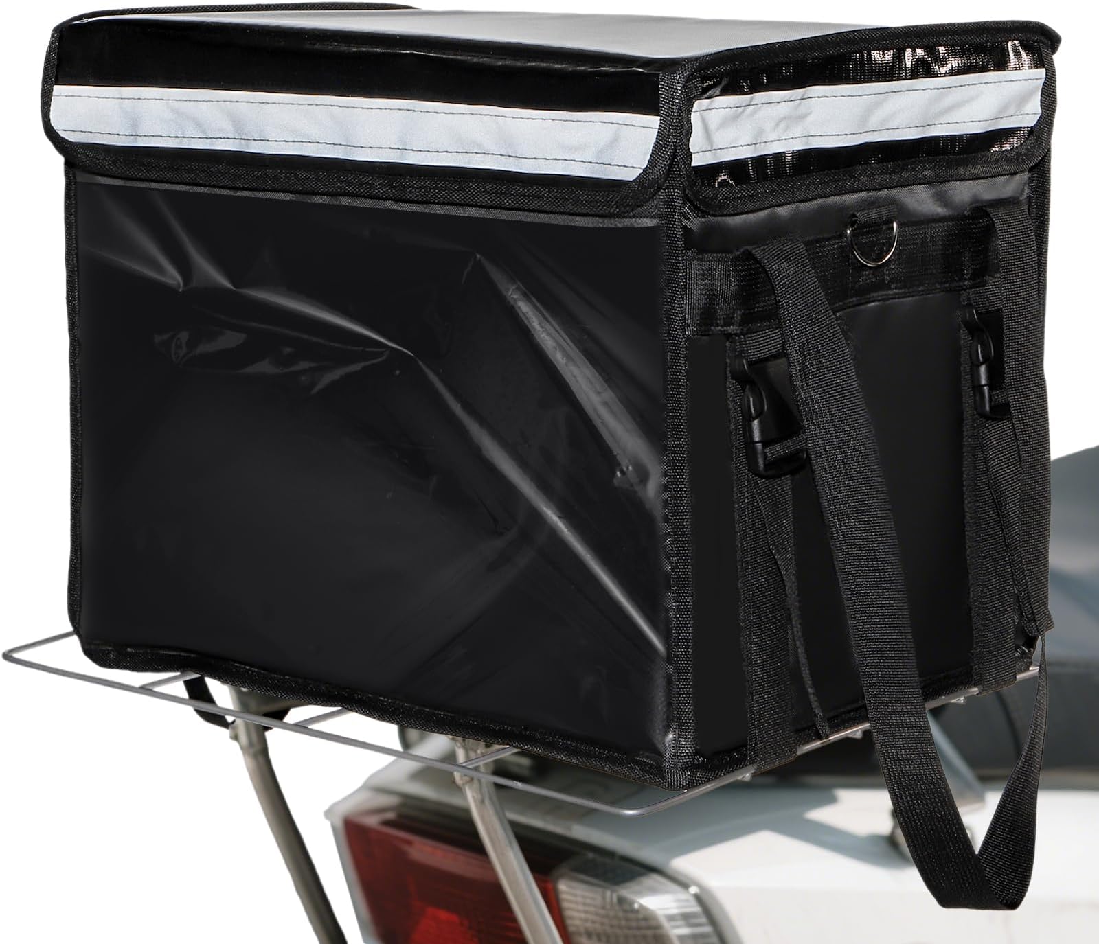 DEAYOU Insulated Food Delivery Bag for Bike, Pizza Delivery Bag with Divider and Rear Rack, Waterproof Thermal Catering Bag for Scooter, Motorcycle, 17.3"x12.6"x13.4", 48L Fit 12'' Pizza Box, Foldable