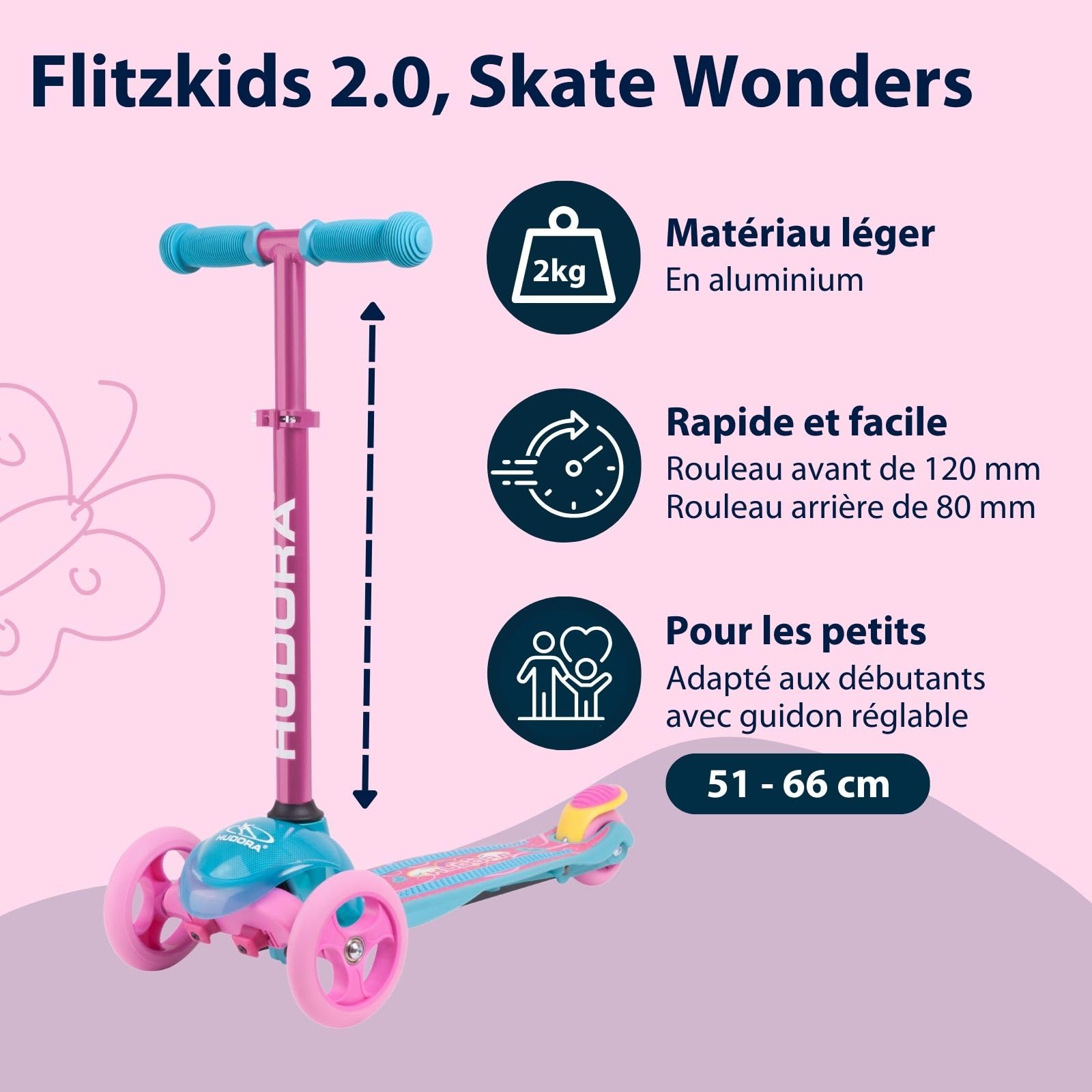 HUDORA Scooter Flitzkids 2.0 - Trottinette Stable avec Une Grande Plateforme - Réglable en Hauteur et transportable - Mini-Trottinette à Trois Roues en Aluminium pour Enfants jusqu'à 50kg - Wonders
