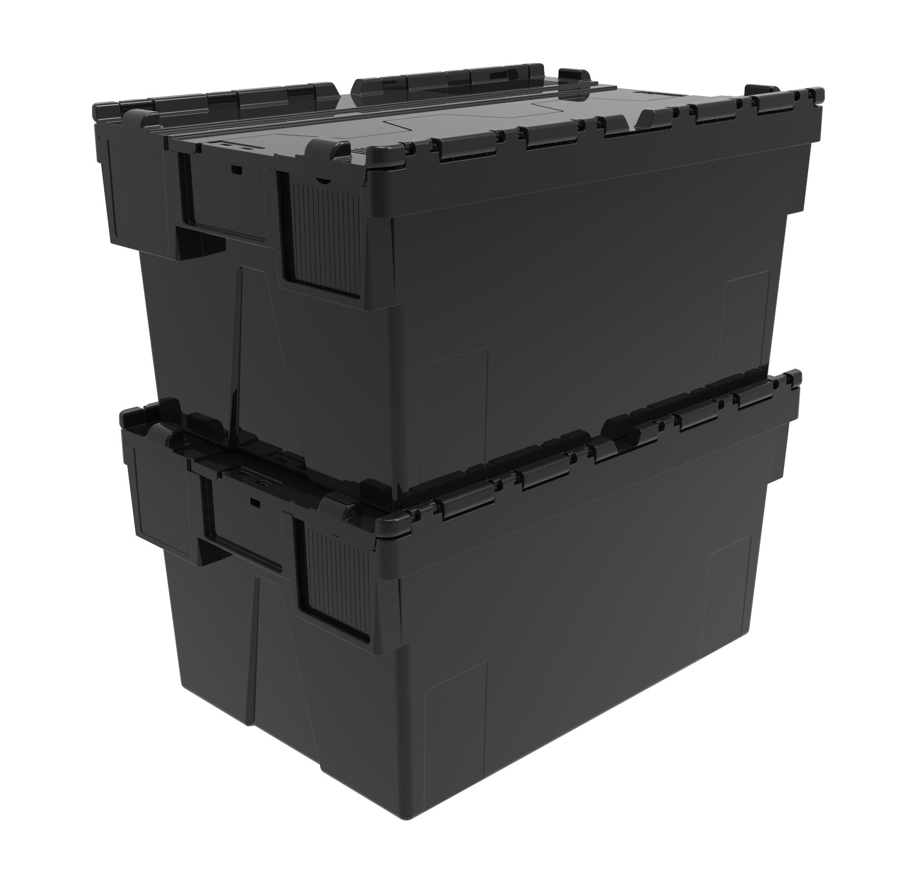 Solent Plastics Heavy Duty 100% Recycled Plastic 56 Litre Attached Lidded Container Storage Box Totes (60 x 40 x 31cm) Black - Pack of 2