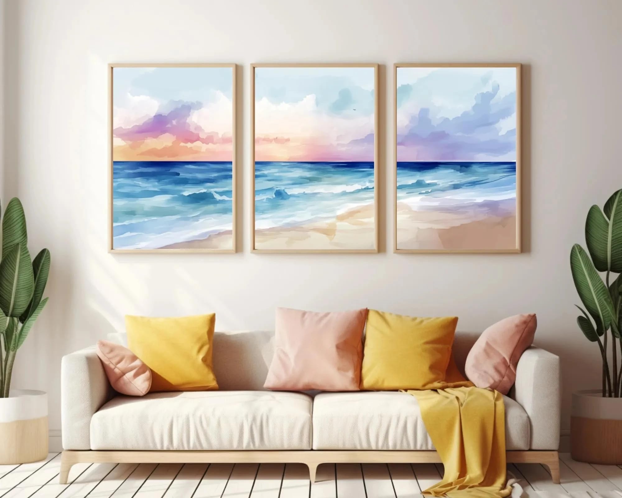 Ltjiajuypd Frameless Pastel Sunset Watercolor Print Coastal Beach Wall Art Ocean Seascape Decor Pink Poster(30X50cm-3Pcs)