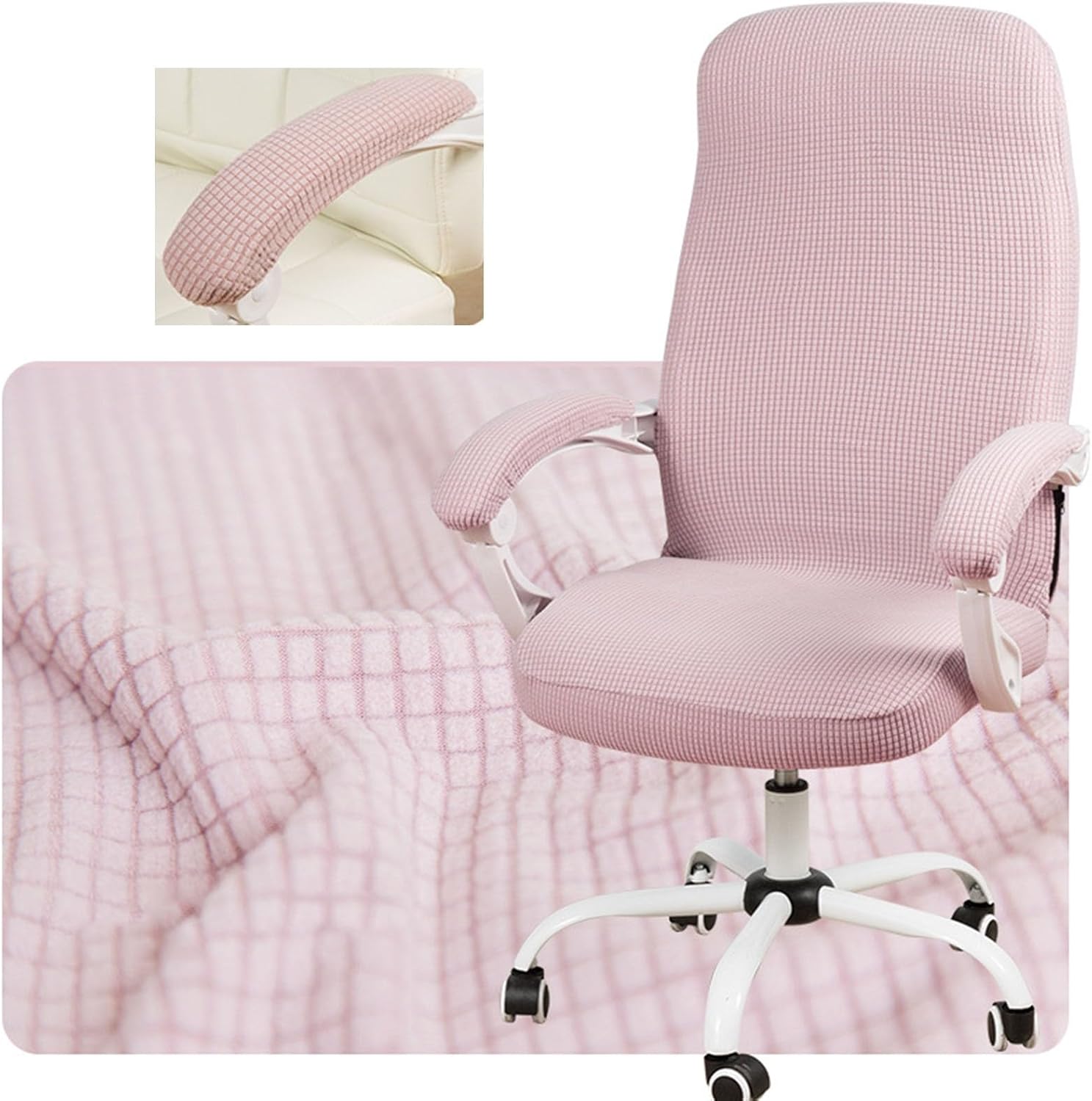Office Chair Cover Water Repellent Jacquard Armrest Swivel Chair Slipcovers Removable Stretch Universal Computer Chair Cover M with Chair Arm Cover(Pink)
