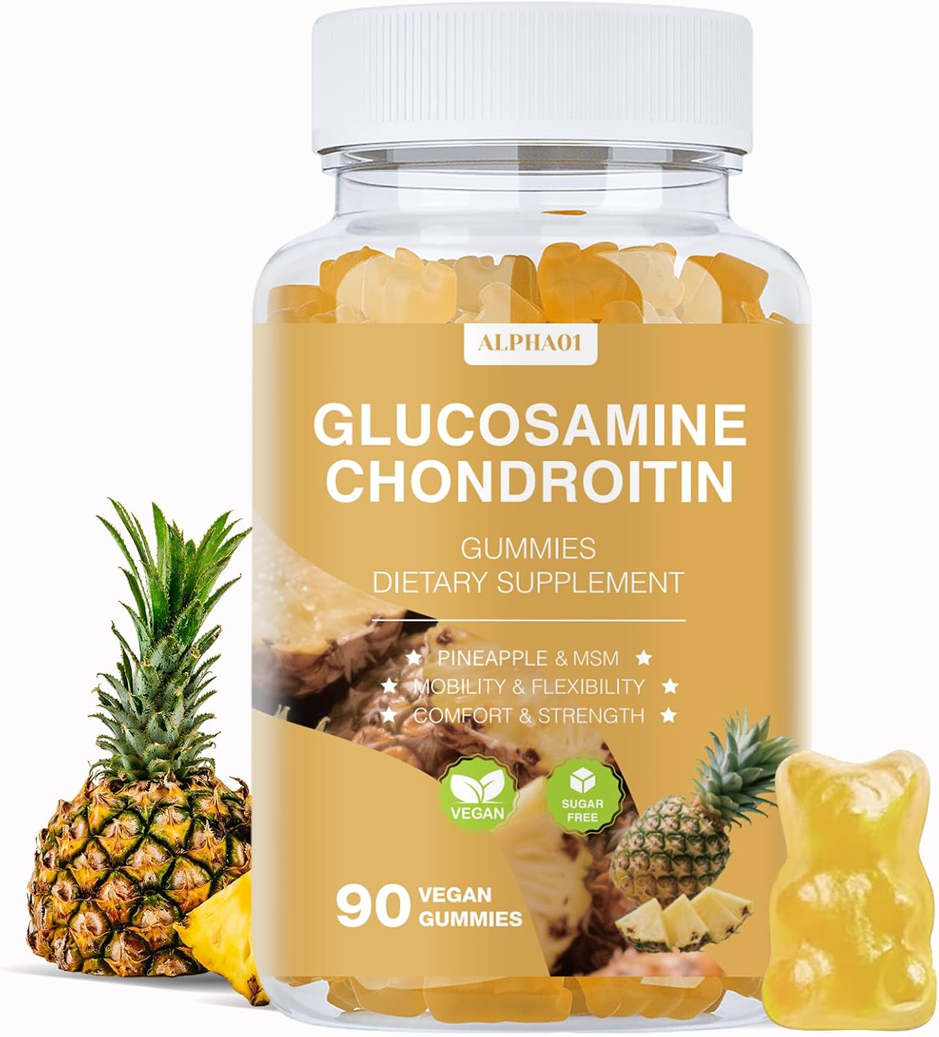 Glucosamine Chondroitin Gummies - 3000MG Extra Strength Joint Support Supplement with MSM & Elderberry, Flexibility, Antioxidant Immune Support Gummy for Adults, Men & Women - 90 Pineapple Gummies