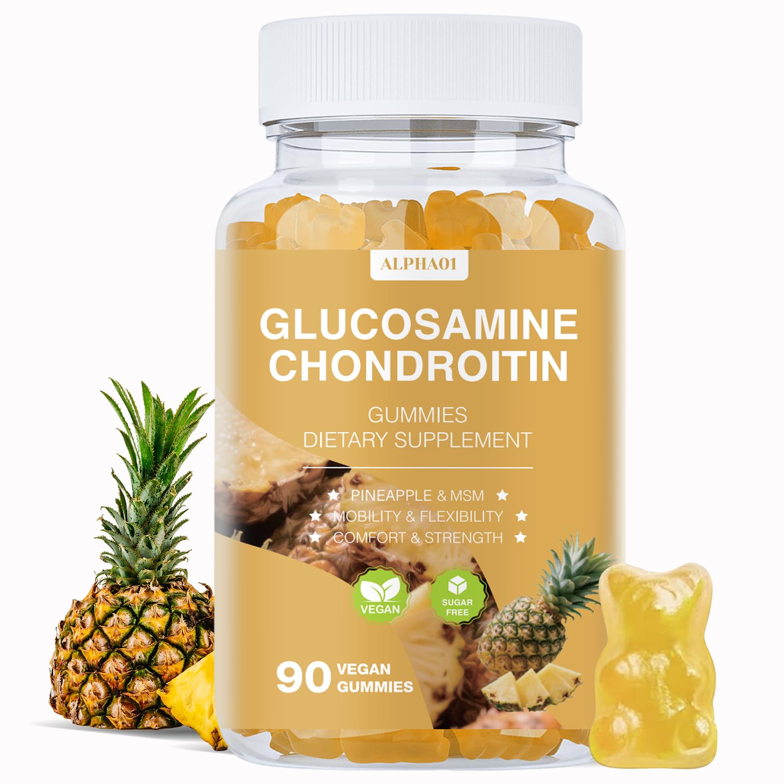 Glucosamine Chondroitin Gummies - 3000MG Extra Strength Joint Support Supplement with MSM & Elderberry, Flexibility, Antioxidant Immune Support Gummy for Adults, Men & Women - 90 Pineapple Gummies