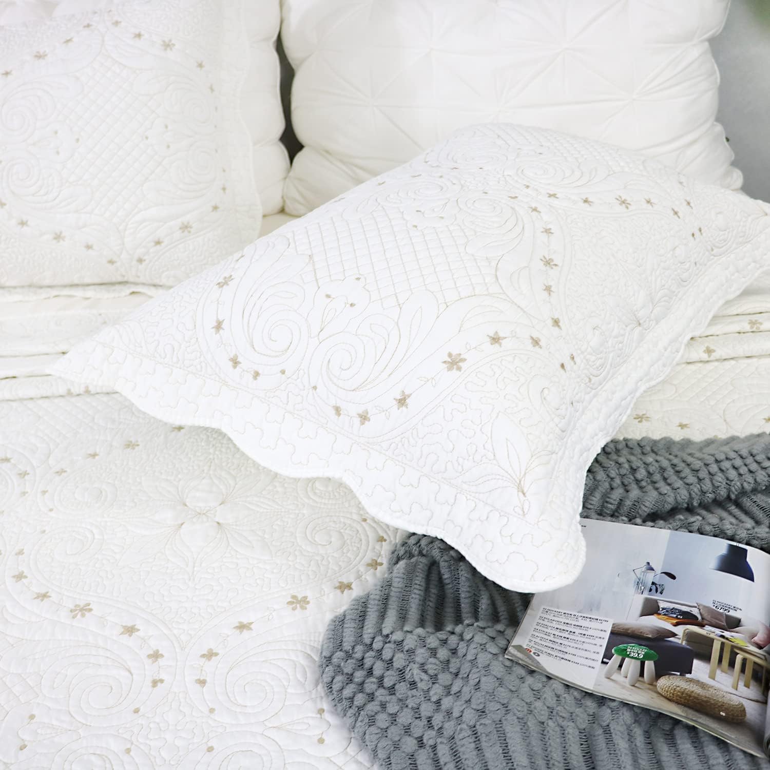 Brandream Cream White Vintage Embroidered Pillow Shams Standard Size Quilted Pillow Shams Set of 2 Ultra Soft - Image 7