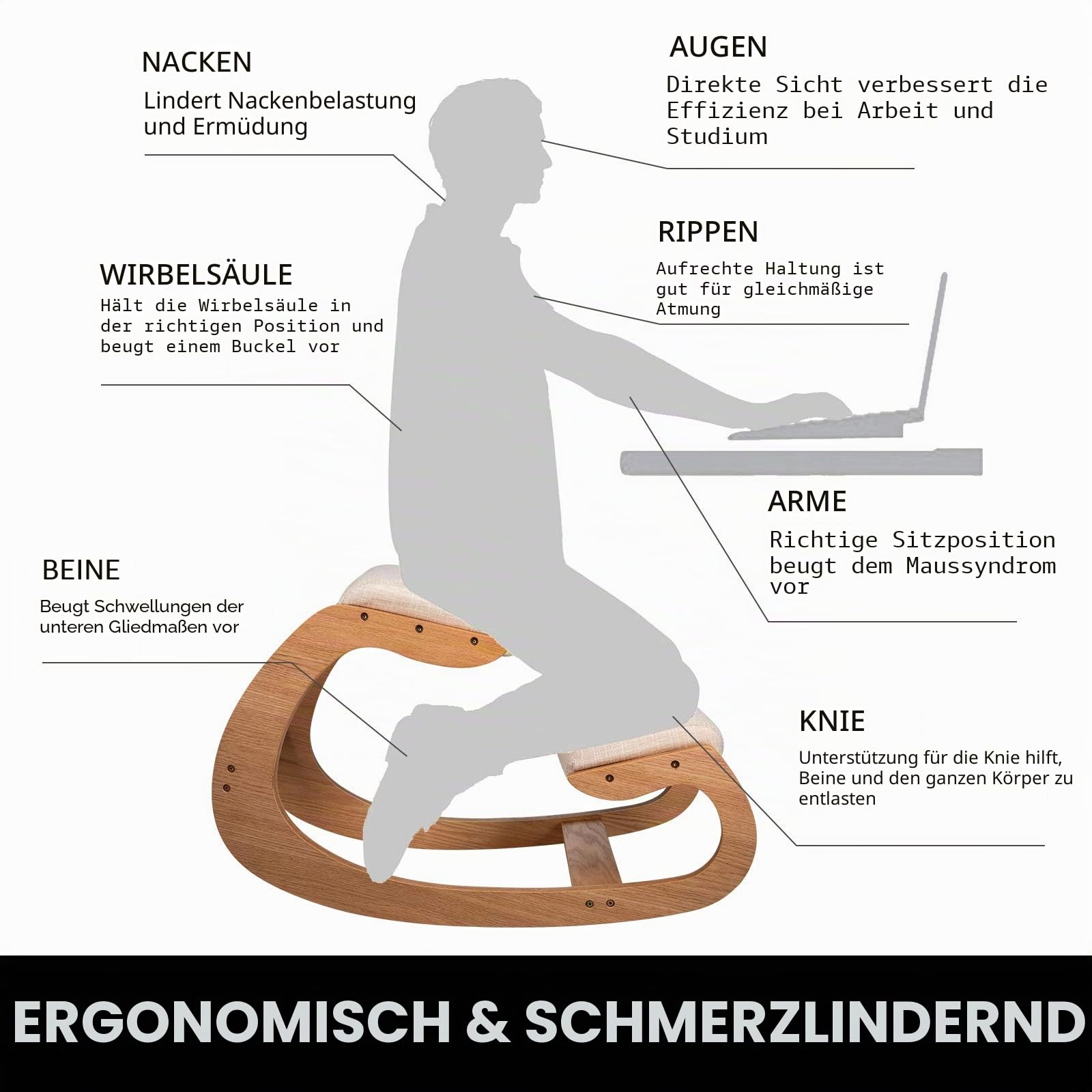 VEVOR ergonomischer Hocker Kniehocker mit Hüftpolster, Gesundheitsstuhl für Zuhause, Kniestuhl zur Verbesserung der Rückenschmerzen Nackenschmerzen Lindern & Körperhaltung (Weiße Eiche)