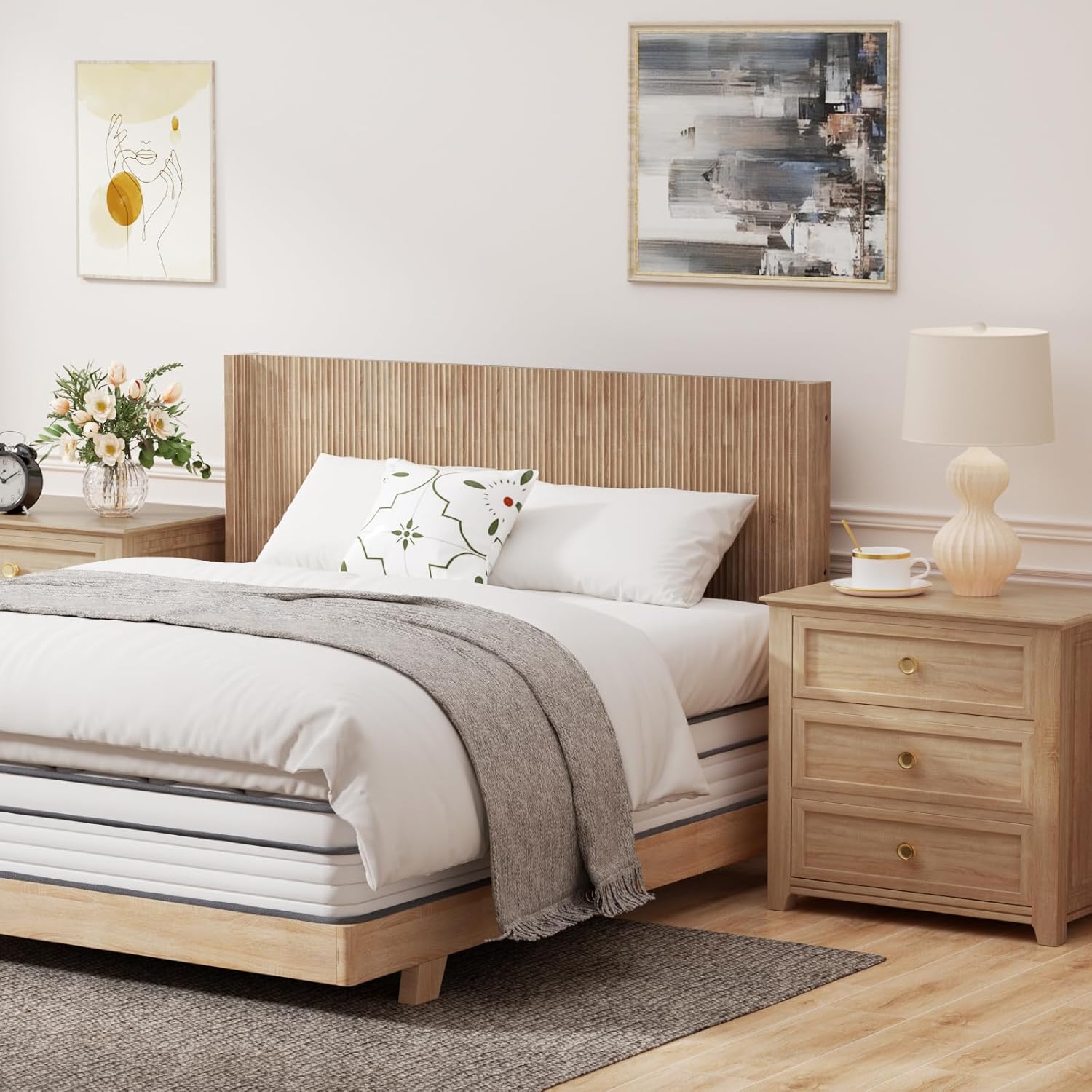 King Size Fluted Headboard ONLY - Wall Mount Wood Headboard, Rustic & Modern Farmhouse,Boho,Fluted Panel,Wingback Design (Oak, King)