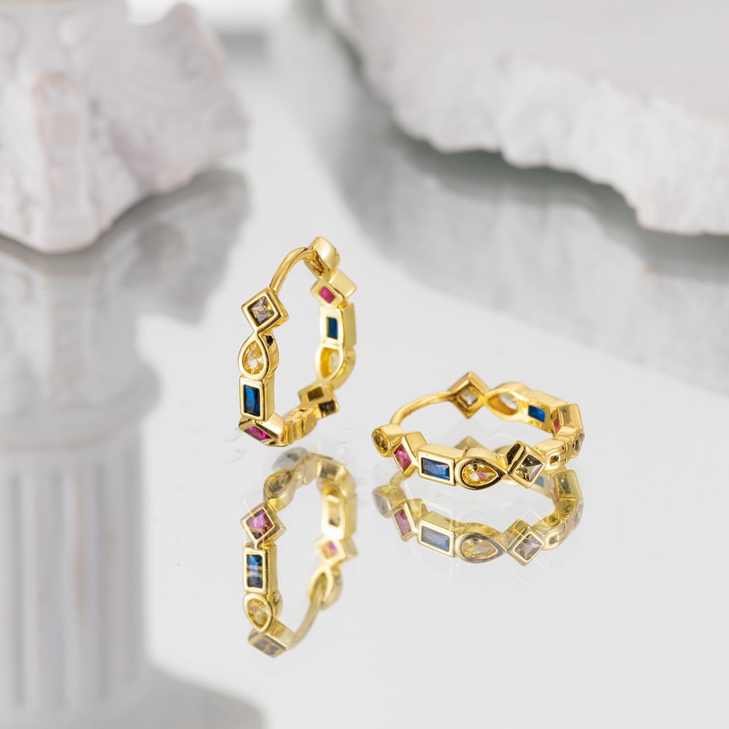 Dainty Gold Plated Hoop Earrings for Women, Trendy Small Colorful Geometry Cubic Zirconia Plated Huggie Hoop Earrings for Women Jewelry Gifts - Image 3