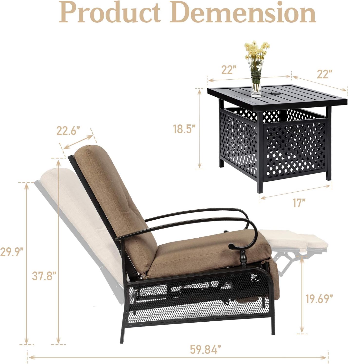 SUNCROWN Outdoor Recliner Chair Patio Adjustable Recliner Chair and Side Bistro Table with Umbrella Hole, Brown