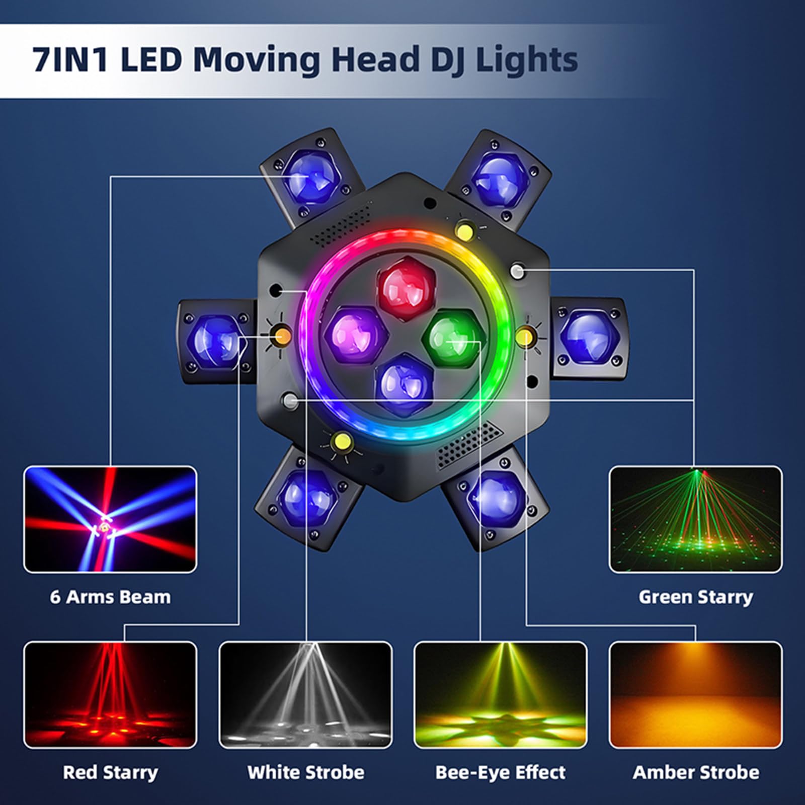 Faro a Testa Mobile a 6 Bracci, Cambio Colore Dinamico, Fascio LED Rgbw, Effetto Strobo Laser, Luce Da Palcoscenico Dmx, Effetto Rotante per Dj, Discoteche, Feste, Bar, Matrimoni, Festival Ed Eventi