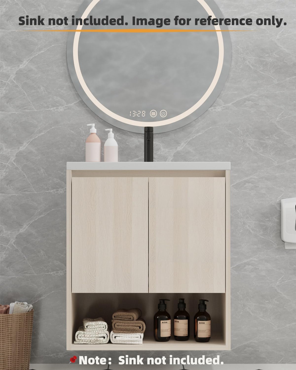 24" Wall-Mount Bathroom Vanity Cabinet Without Sink, Solid Wood Core with White Oak Finish, Floating Bathroom Base with Soft-Close Double Doors & Open Shelf Storage, 24" W x 19.7" D x 24.8" H