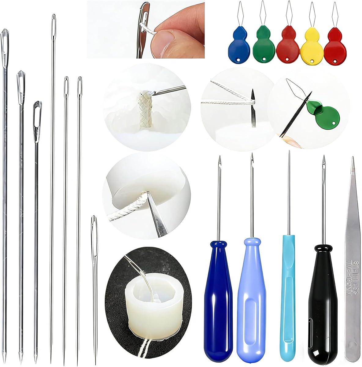 TYMKLMZG 17PCS Big Hole Long Needle for Silicone Taper molds,Hook Punch Needle, Candle Tool Inserting Wick,Awl for Candle Making,Long Needle to Poke Hole in Silicone Mold