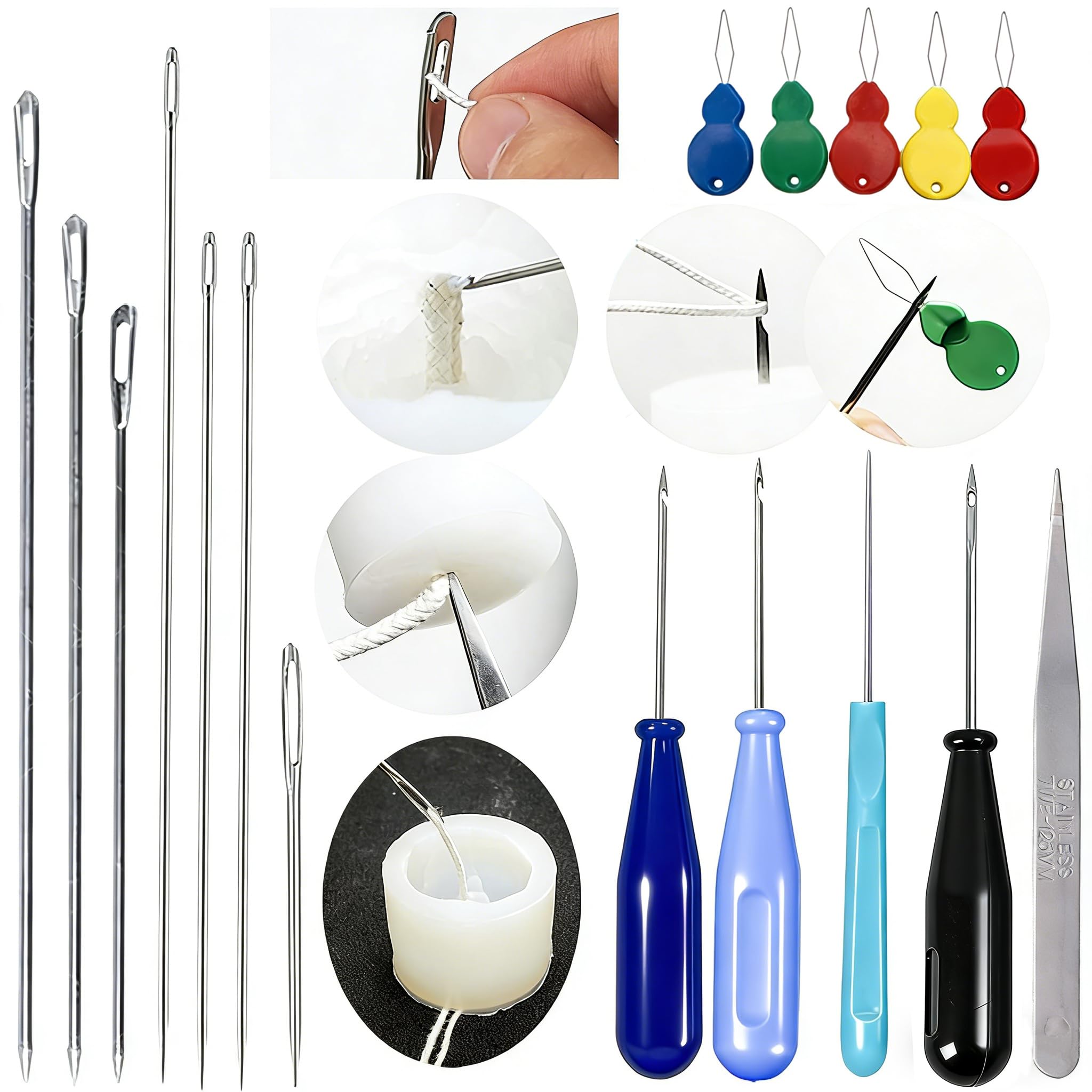 TYMKLMZG 17PCS Big Hole Long Needle for Silicone Taper molds,Hook Punch Needle, Candle Tool Inserting Wick,Awl for Candle Making,Long Needle to Poke Hole in Silicone Mold
