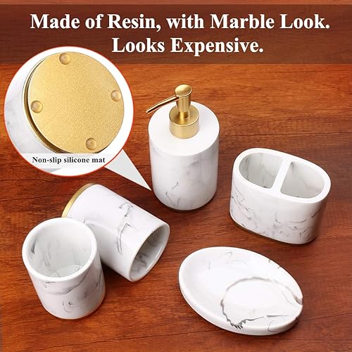 Miniatura 2 de Juego de accesorios para baño, 5 piezas de resina para lavabo, soporte para cepillos de dientes, dosificador de jabón líquido, jabonera, 2 vasos.