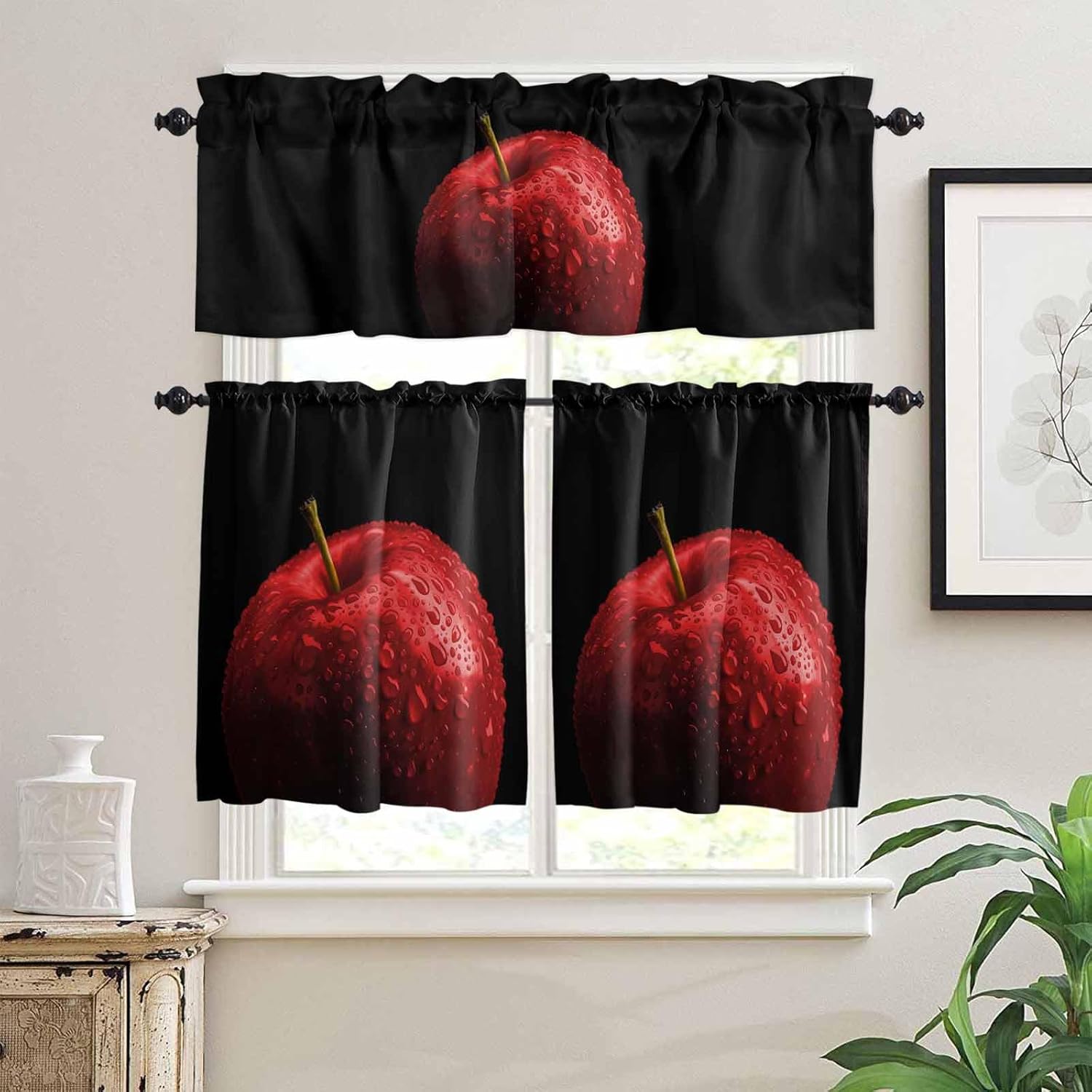 Vandarllin Kitchen Curtains and Valances Set, Red Apples with Water Drops Window Treatments Tiers Black Background Semi Sheer Half/Short Curtains for Small Windows Cafe/Living Room/Bedroom 54x24 in