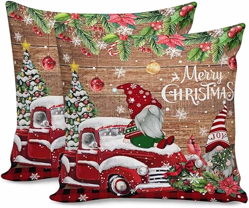 Juego de 2 fundas de almohada de 18 x 18 pulgadas, diseño de camión de gnomo de Navidad, fundas de almohada cuadradas de lino y algodón para patio,
