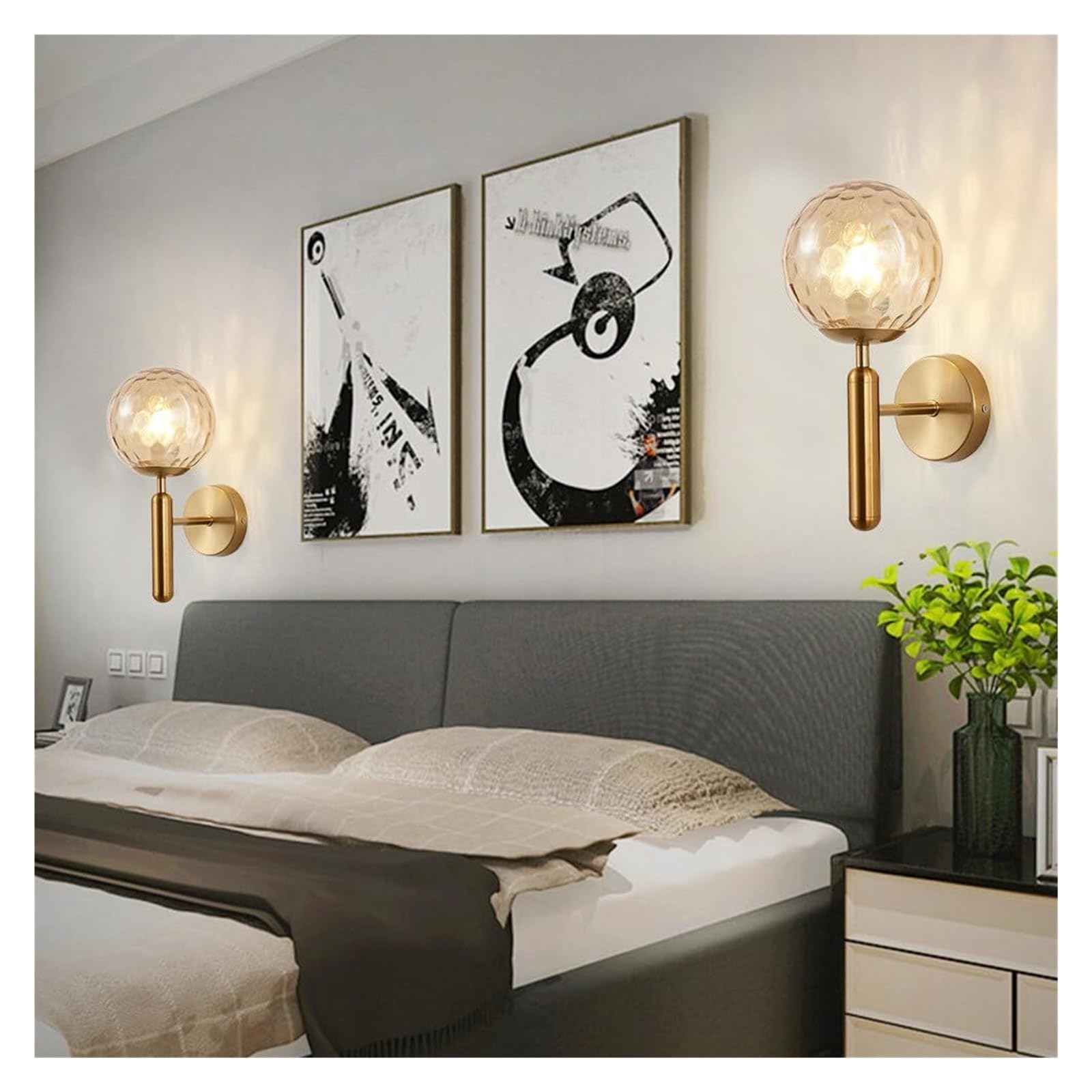 Nowoczesna lampa ścienna w kolorze złotym, z prążkowanym kamieniem z bursztynowego szkła i żelaznym ramieniem. Minimalistyczny design do sypialni lub salonu, gwint E27 (złoty, bursztynowy).