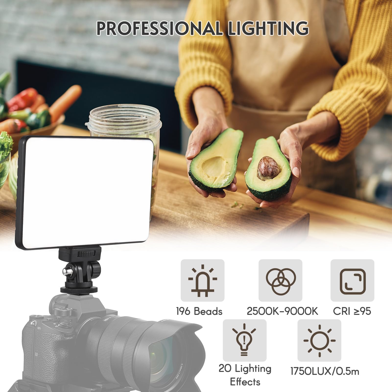 Andoer Pannello di luce video a LED, dimmerabile, 196 LED, luce video per fotocamera, 2500 K – 9000 K, luce video in streaming con supporto per flash da 1/4", foro filettato da 1/4" della serie NP-F,