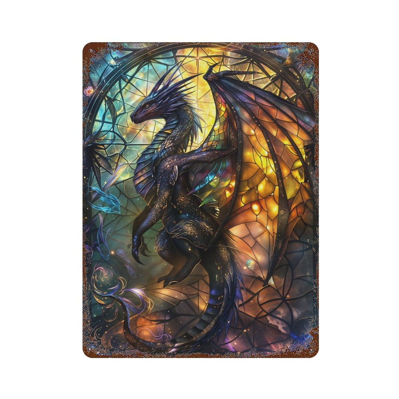 Distressed Metal Wall Sign with Azure Majesty Dragon Design 15.7"x11.8", for Cafe, Home Bar And Lounge Decor, Retro Wall Decor