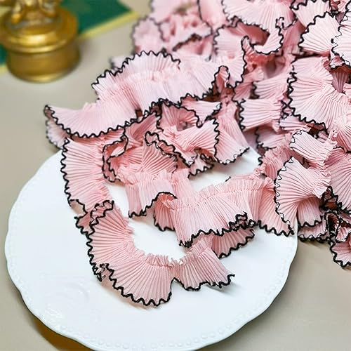 Miniatura 2 de homeemoh Ribete de gasa plisado de 1 yarda x 1.2in con ribete de volantes para coser en apliques, color rosa + borde negro