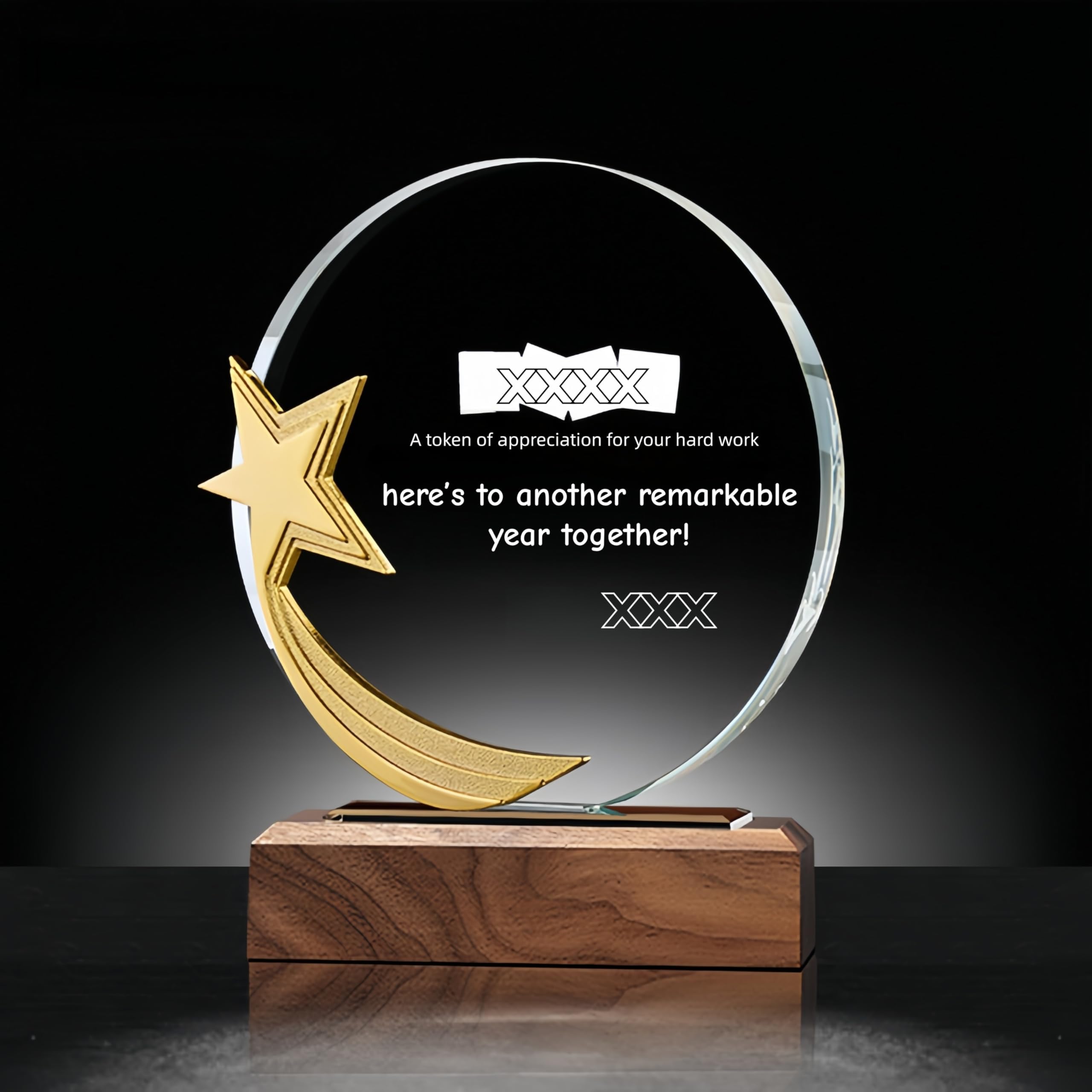Custom Crystal Trophy with Solid Wood Base - Personalized (Engraving/Logo/Photo/Custom Plaque), Customizable | For Employee Recognition, Coworker/Boss Retirement, Anniversary, Sports