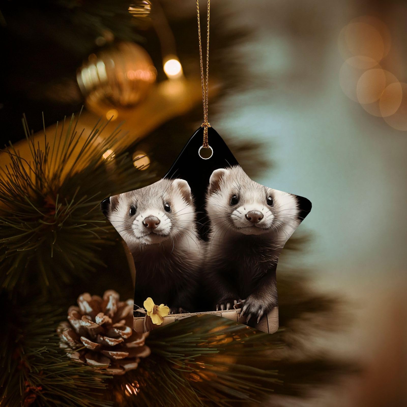 Christmas Tree Ornaments Ceramics Christmas Decorations Ferrets Ornaments with Gold Ribbon Porcelain Xmas Tree Crafts Star Shape Hanging Pendant for Christmas Tree Party Decor