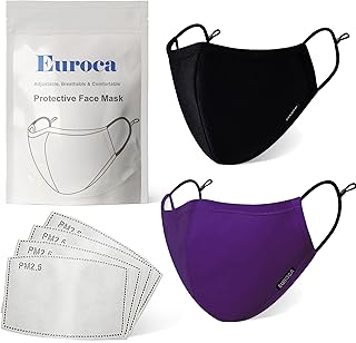Euroca - Cloth Face Mask, 3 Layers Cotton Face Masks, Washable & Reusable Face Masks, Face Mask Set, Adjustable Face Mask With Filter Sheets (PM2.5), Black & Purple, Set of 2, Women