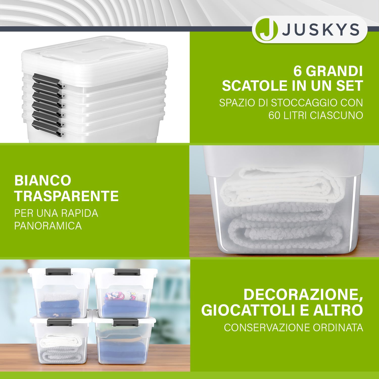 Juskys scatola per conservazione con coperchio - Set da 6 scatole in plastica 60l - Scatola grande, impilabile, trasparente - Sistema di organizzazione per conservazione