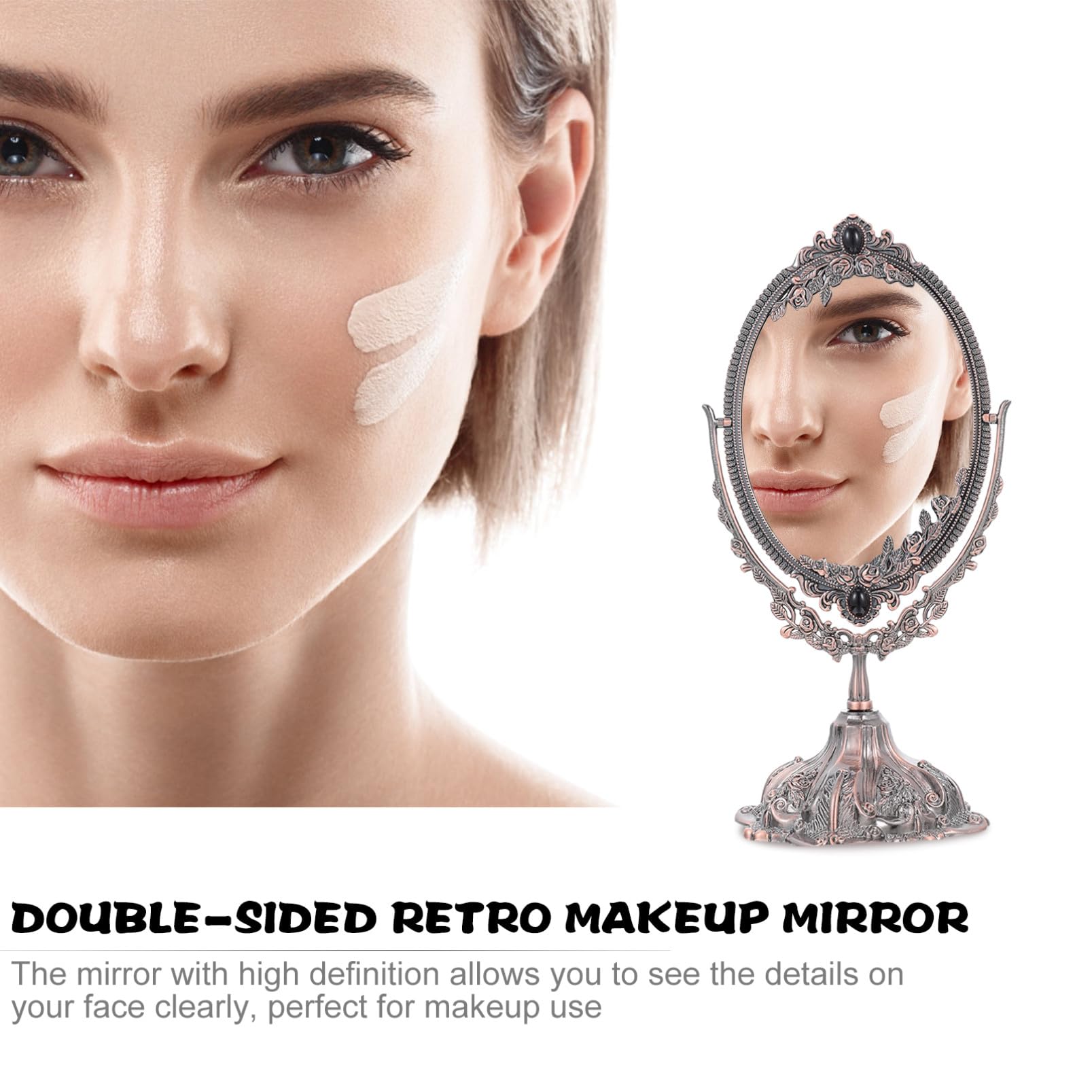 Doppelseitiger Tisch Kosmetikspiegel aus Zinklegierung im Europäischen Stil | Drehbar, Flacher Standfuß, Geeignet für Make Up und Hochzeit, Klare Spiegelung, Elegante Ausführung