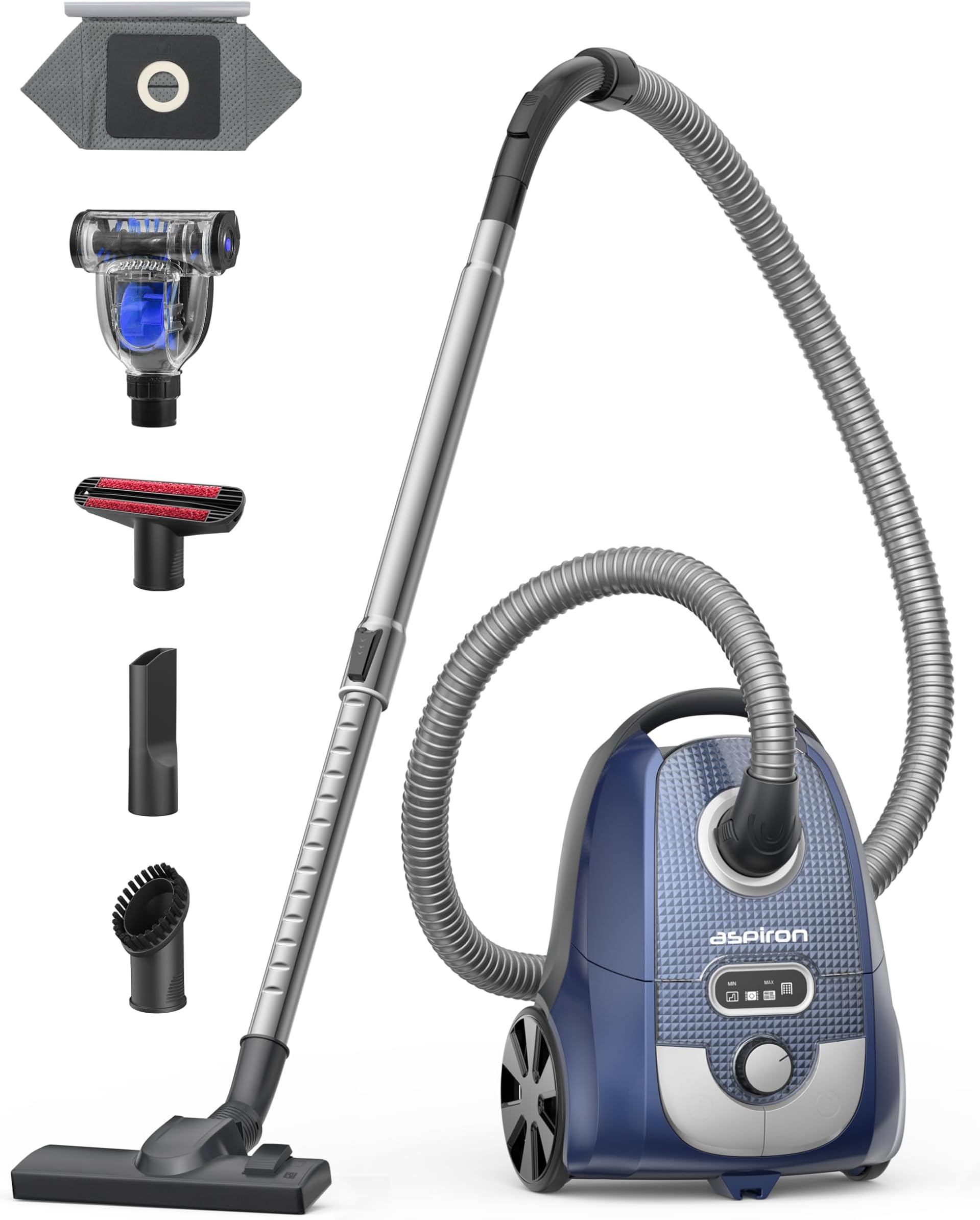 Aspiron 1300W Bagged Canister Vacuum Cleaner, Turbo Brush, 5 Tools, 3.7Qt, H13 HEPA Filter, Automatic Cord Rewind, Vacuum Cleaner for Carpets, Hardwood Floors, Pet Hair, Blue